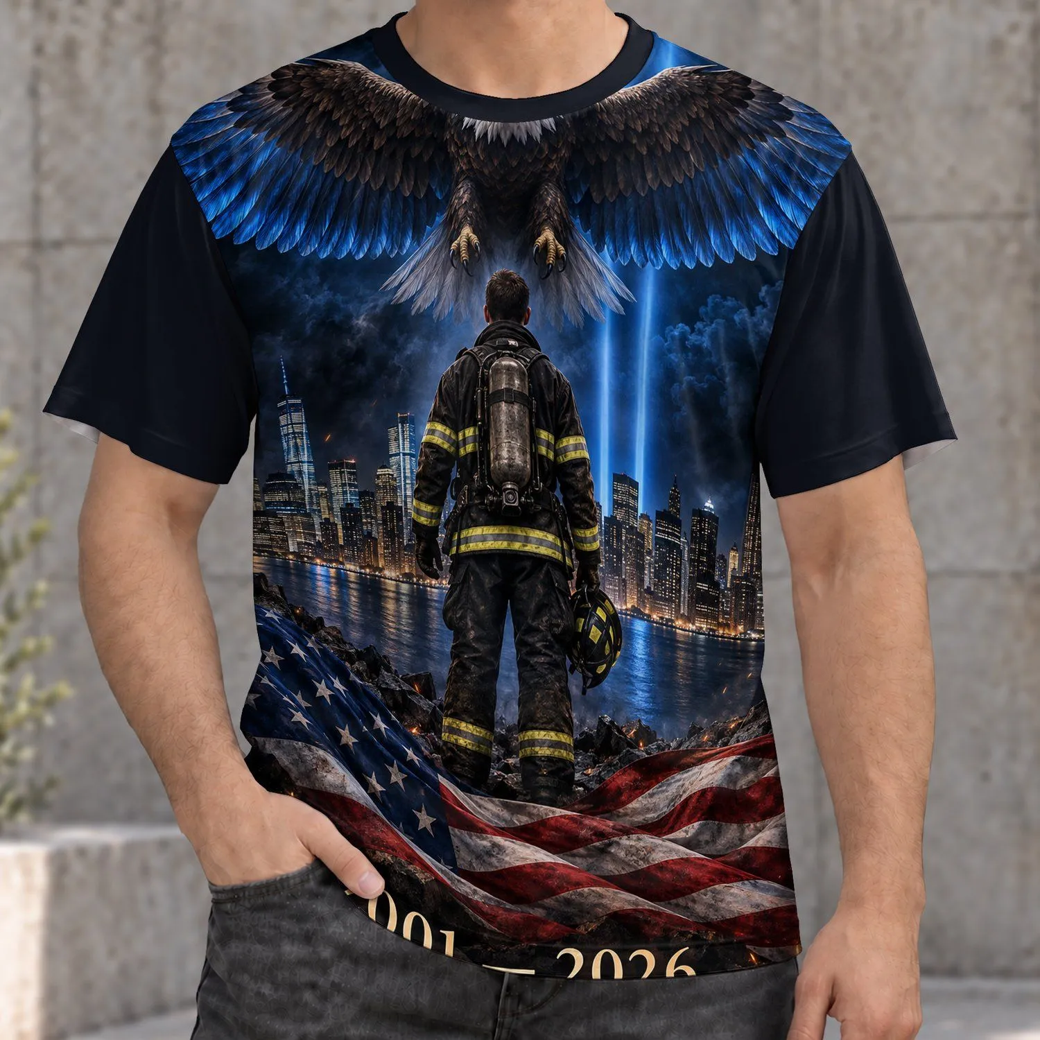 Bald Eagle And Firefighter Memorial Tribute For September Remembrance Patriotic Gift All-over Print Unisex T-shirt - 1