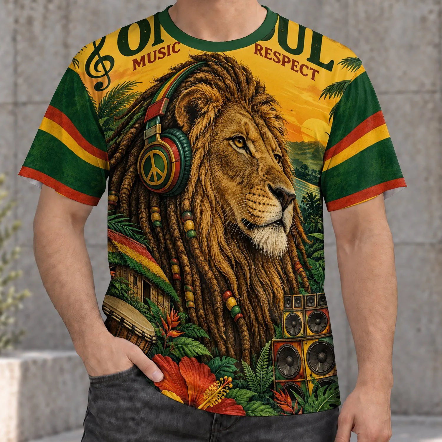 Headphone Lion and Tropical Music Scene for Festivals, Reggae Fans and Music Lovers All-over Print Unisex T-shirt - 1
