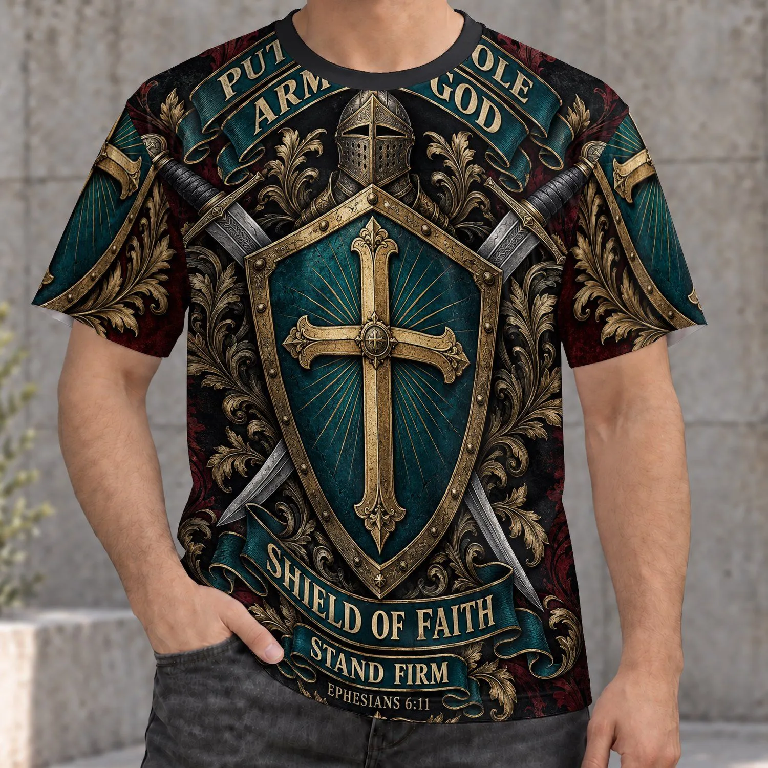 Christian Shield and Sword Faith Emblem for Church Events and Everyday Casual Wear All-over Print Unisex T-shirt - 1