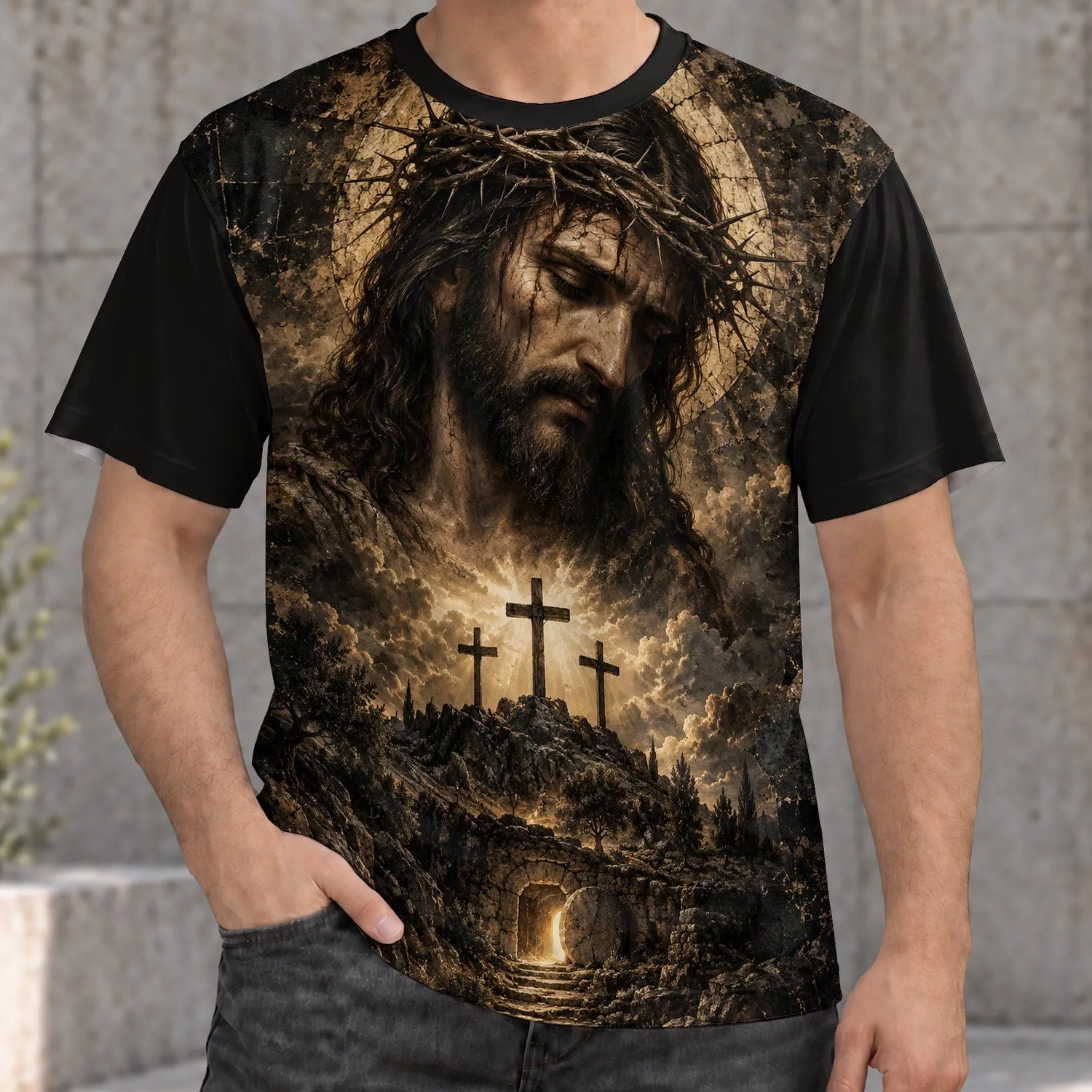 Crowned, Bearded Sacred Portrait with Three Crosses for Church Worship and Faith Gatherings All-over Print Unisex T-shirt - 1