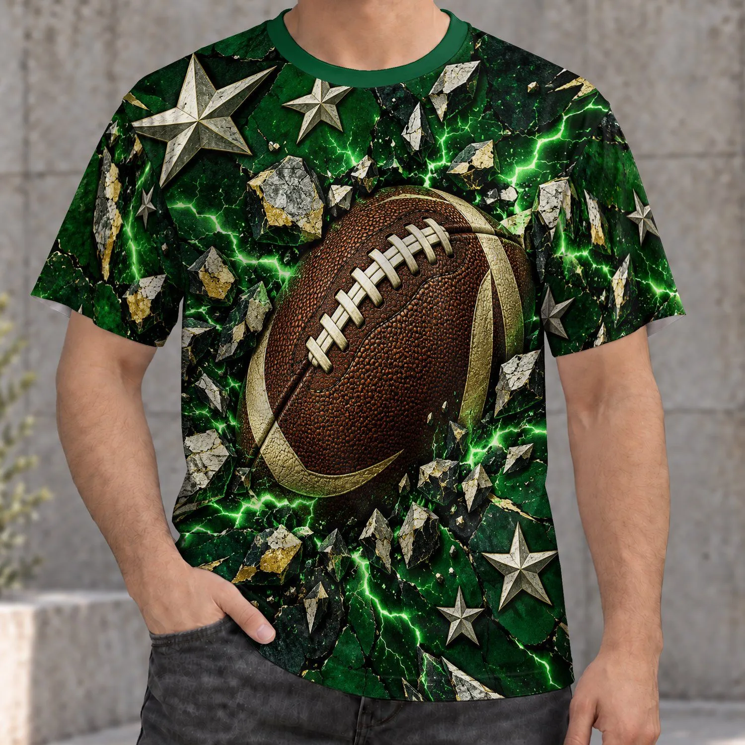 Cracked Stone Rugby Ball with Star Accents for Game Day, Tailgating and Weekend Wear All-over Print Unisex T-shirt - 1