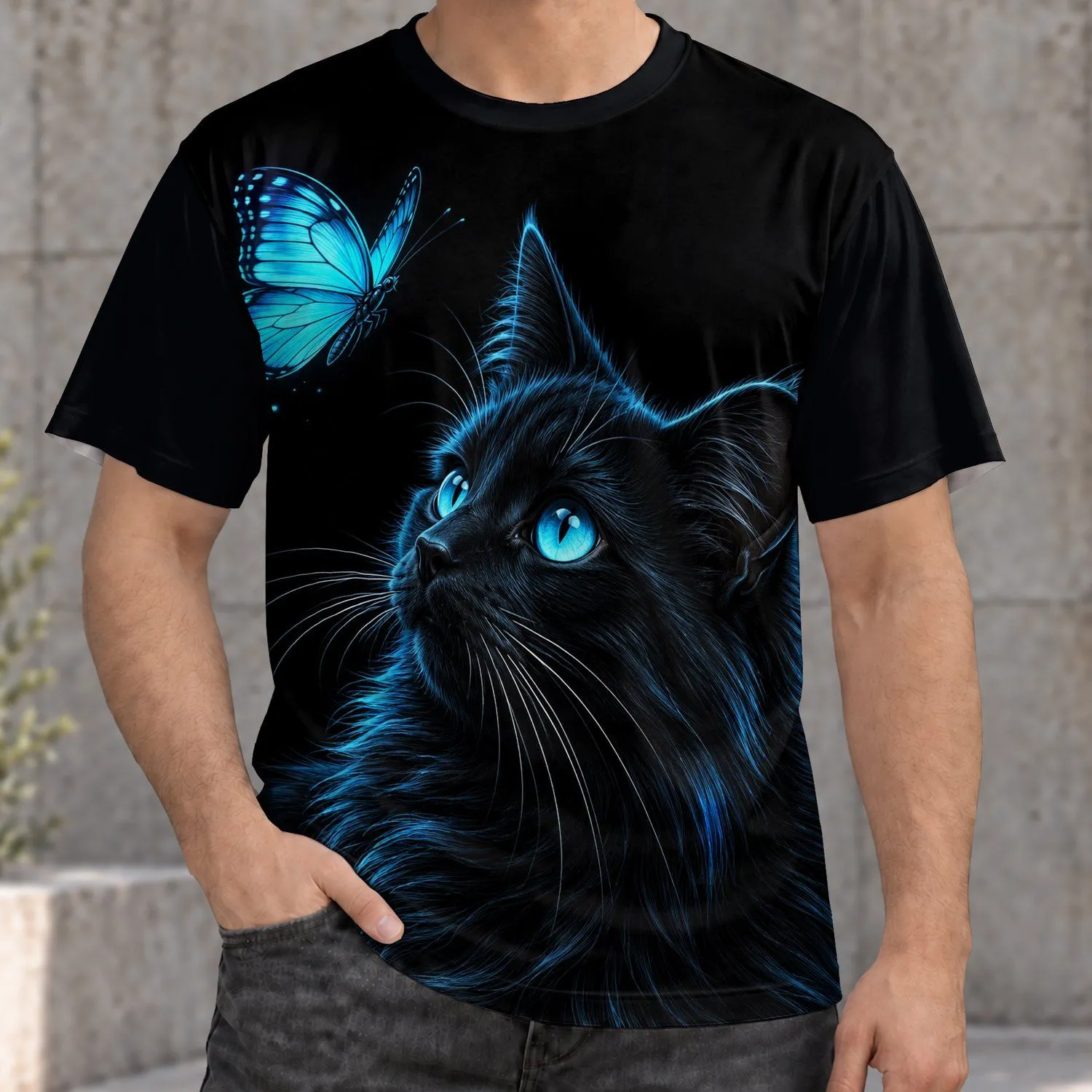 Luminous Black Cat And Turquoise Butterfly For Everyday Whimsical Style All-over Print Unisex T-shirt - 1