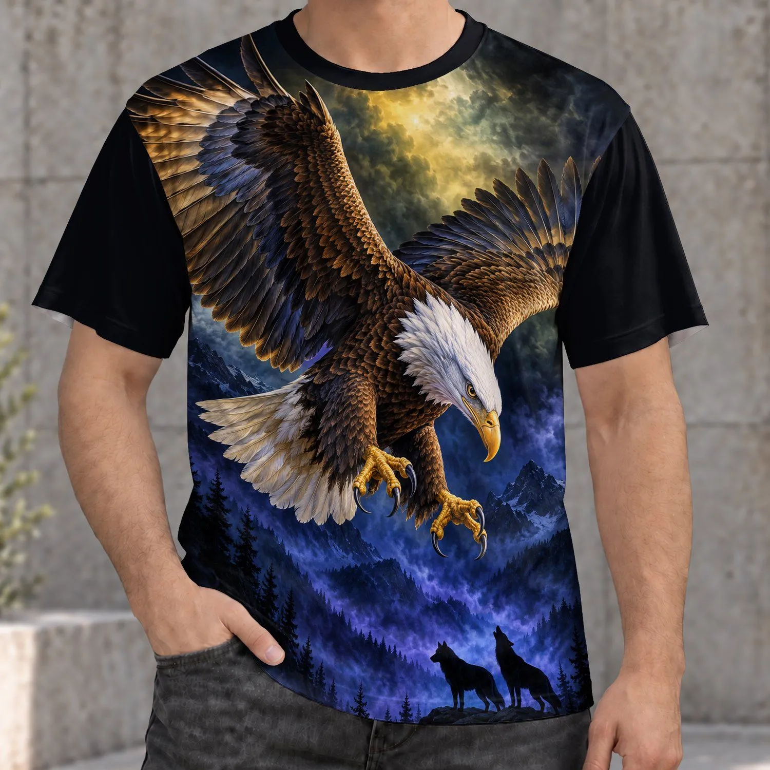 Bald Eagle and Wolf Silhouettes for Rugged Outdoor Adventure Days and Wildlife Lovers All-over Print Unisex T-shirt - 1