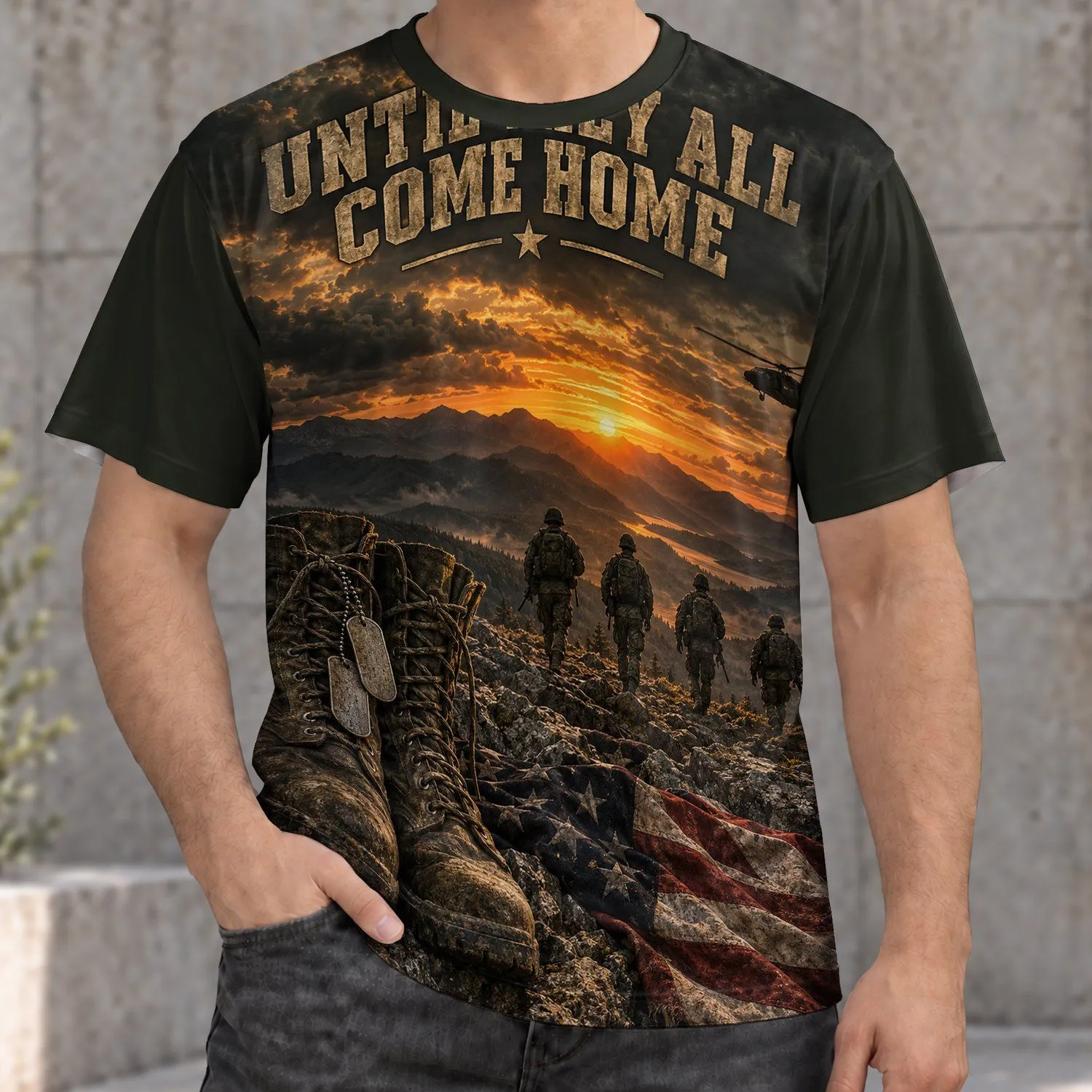 Military Homecoming Tribute with Soldier Boots for Veterans Day and Patriotic Remembrance All-over Print Unisex T-shirt - 1