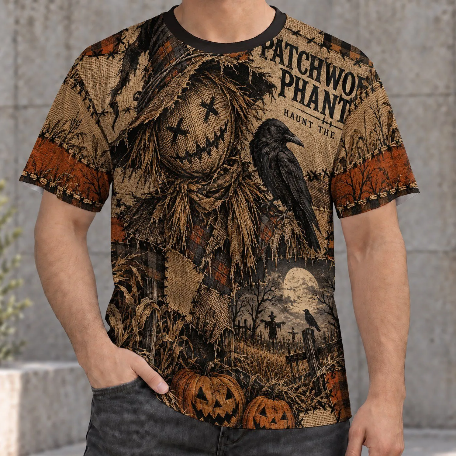 Patchwork Scarecrow Harvest Haunt for Halloween Nights and Cozy Autumn Gatherings All-over Print Unisex T-shirt - 1