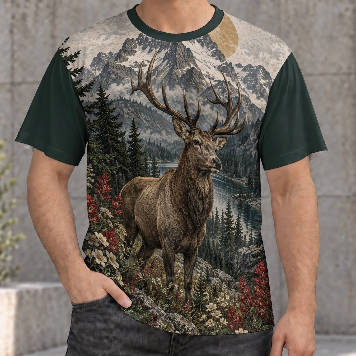 Antlered Deer and Alpine Wildflowers for Woodland Hiking and Outdoor Nature Lovers All-over Print Unisex T-shirt - 1