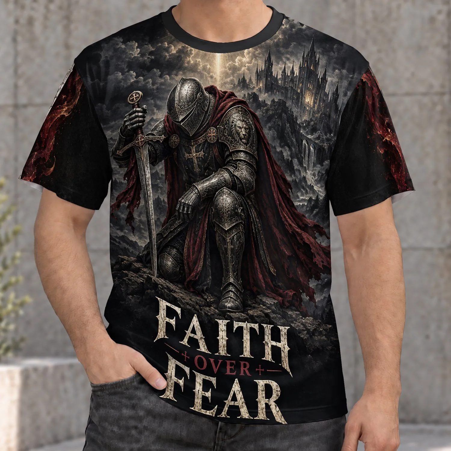 Kneeling Knight and Flaming Sword for Medieval Faith and Fantasy Enthusiasts All-over Print Unisex T-shirt - 1