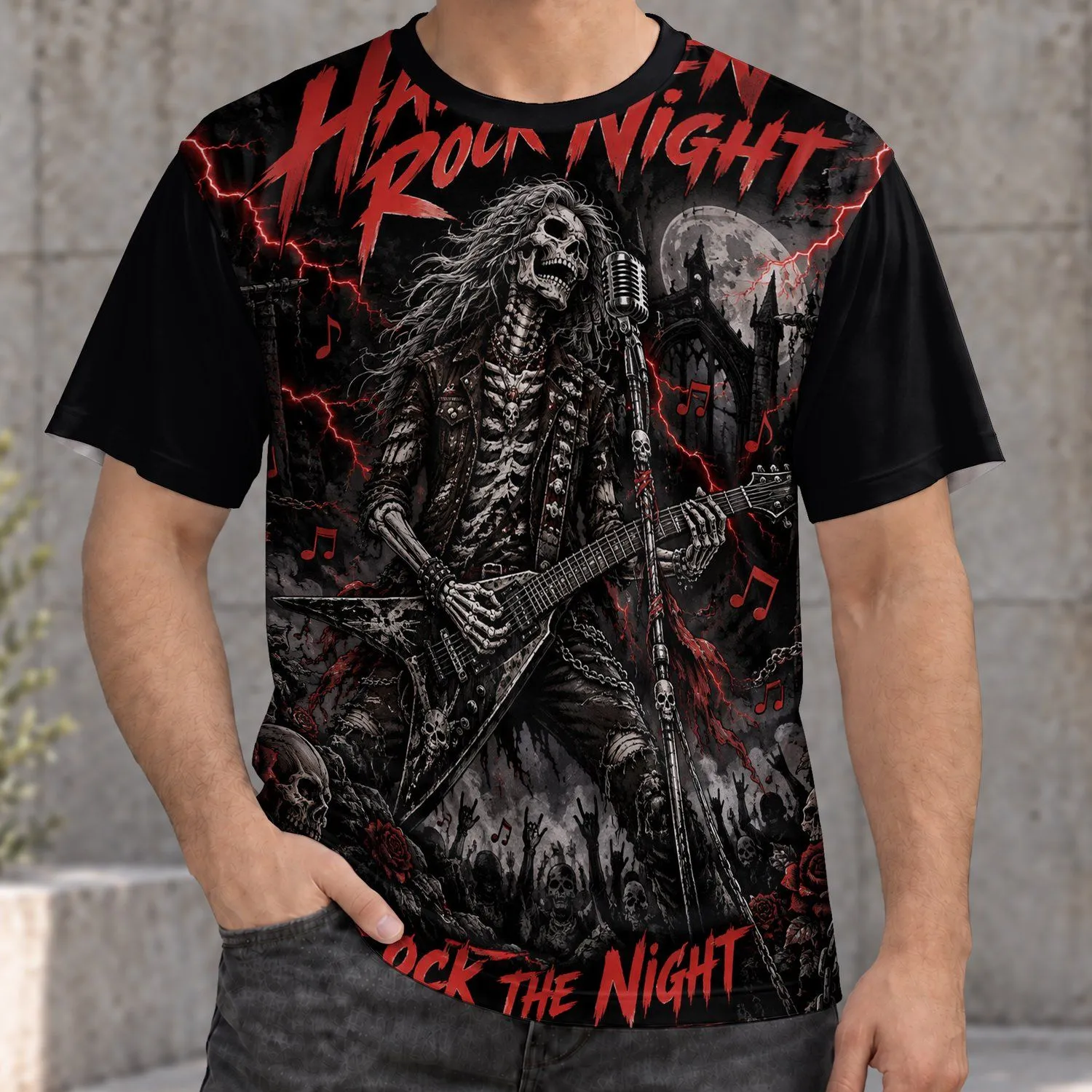Skull Guitarist Halloween Rock Night Concert Scene for Gothic Music Fans and Nightlife All-over Print Unisex T-shirt - 1