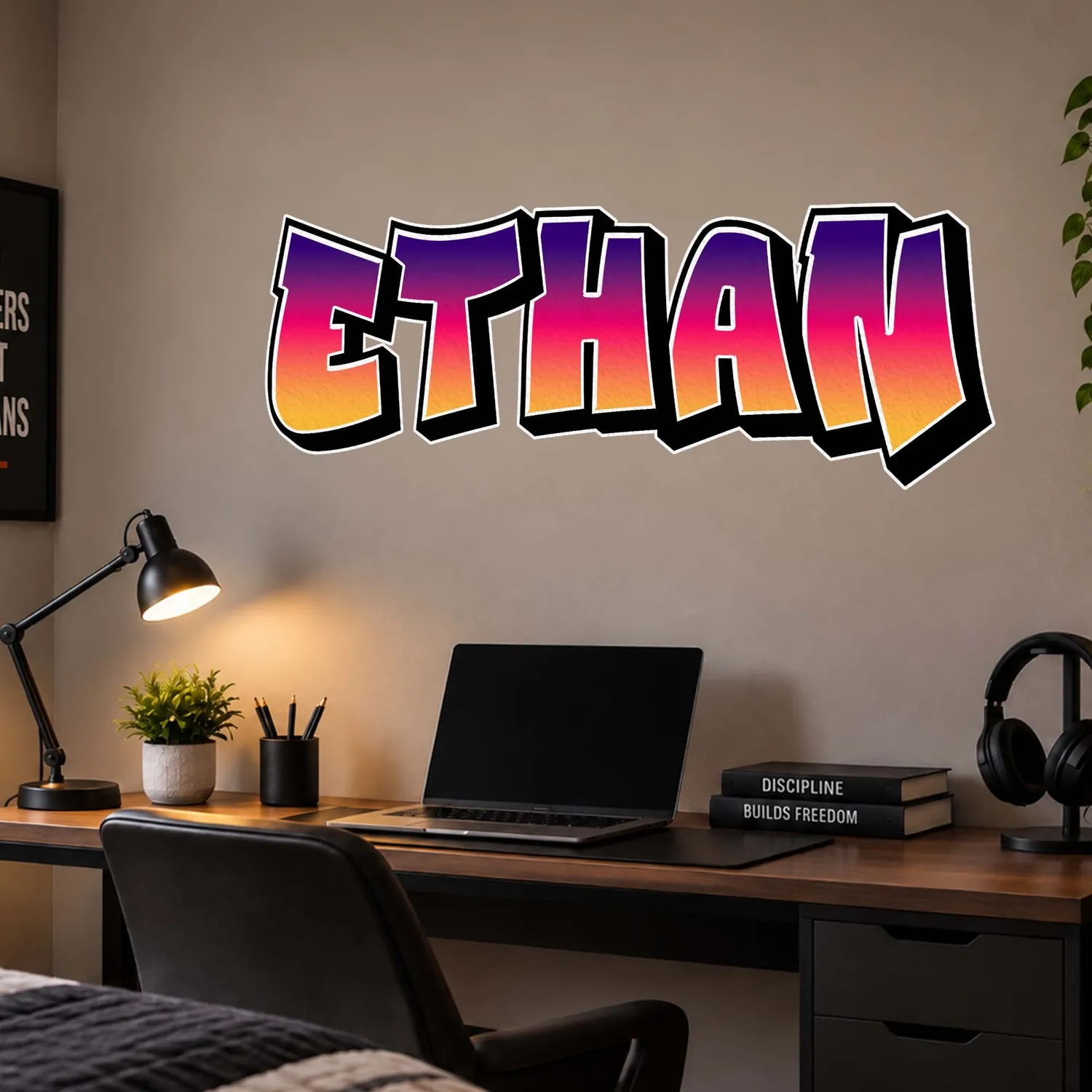 Custom Graffiti Name Wall Sticker – Personalized Sunset Gradient Decal for Teen Room or Gaming Desk, Christmas Gift - 1