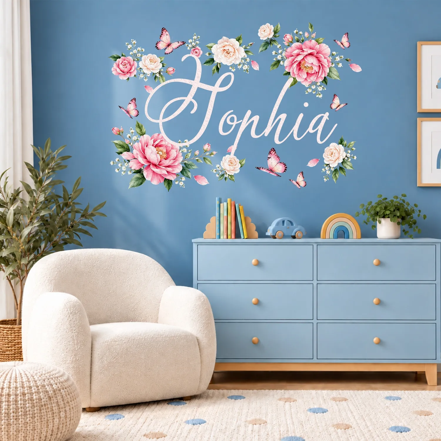 Personalized Peony Flower Name Wall Decal – Custom Pink Floral Sticker for Girls Nursery, Christmas Gift for Baby - 1