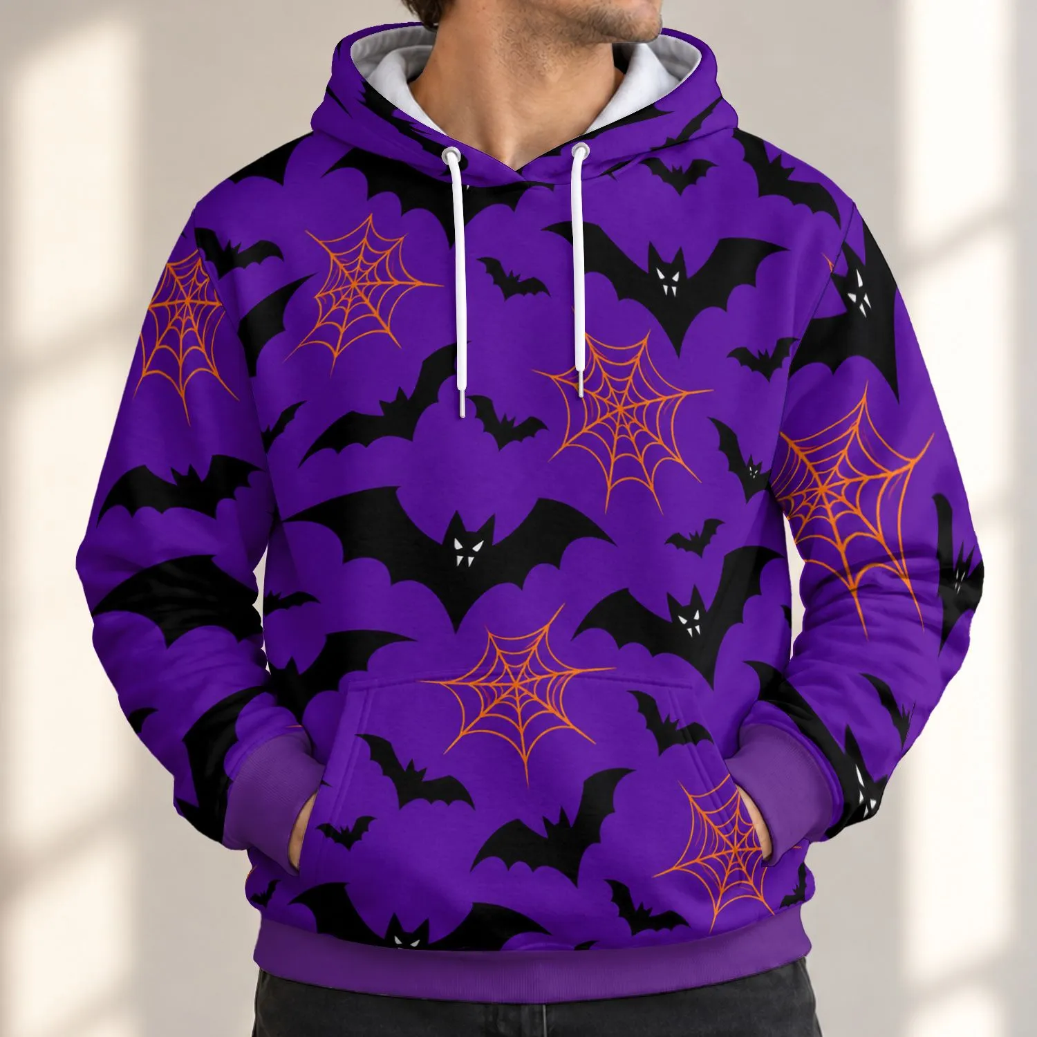 Purple Bat And Orange Spiderweb Motifs For Halloween Nights And Autumn Outings All-over Print Hoodie (Lightweight) - 1