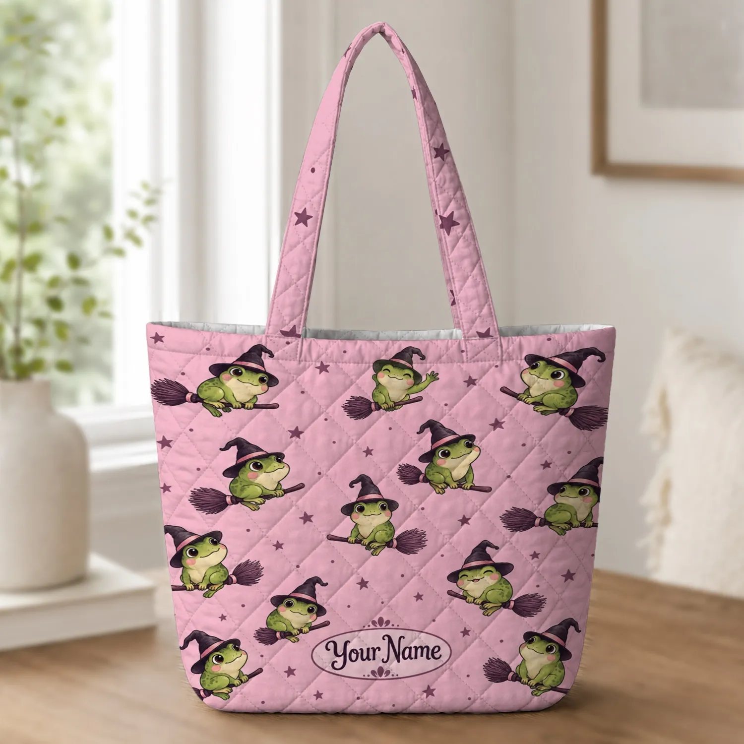Witch Hat Frog Motifs for Halloween Errands and Whimsical Everyday Adventures Gift Quilted Tote Bag - 1