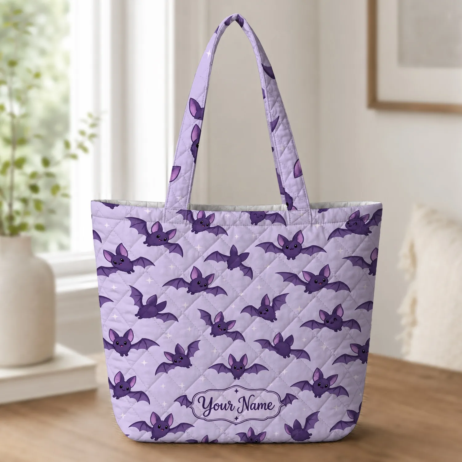 Purple Bat Motif for Halloween Grocery Trips and Everyday Autumn Errands for Her Quilted Tote Bag - 1