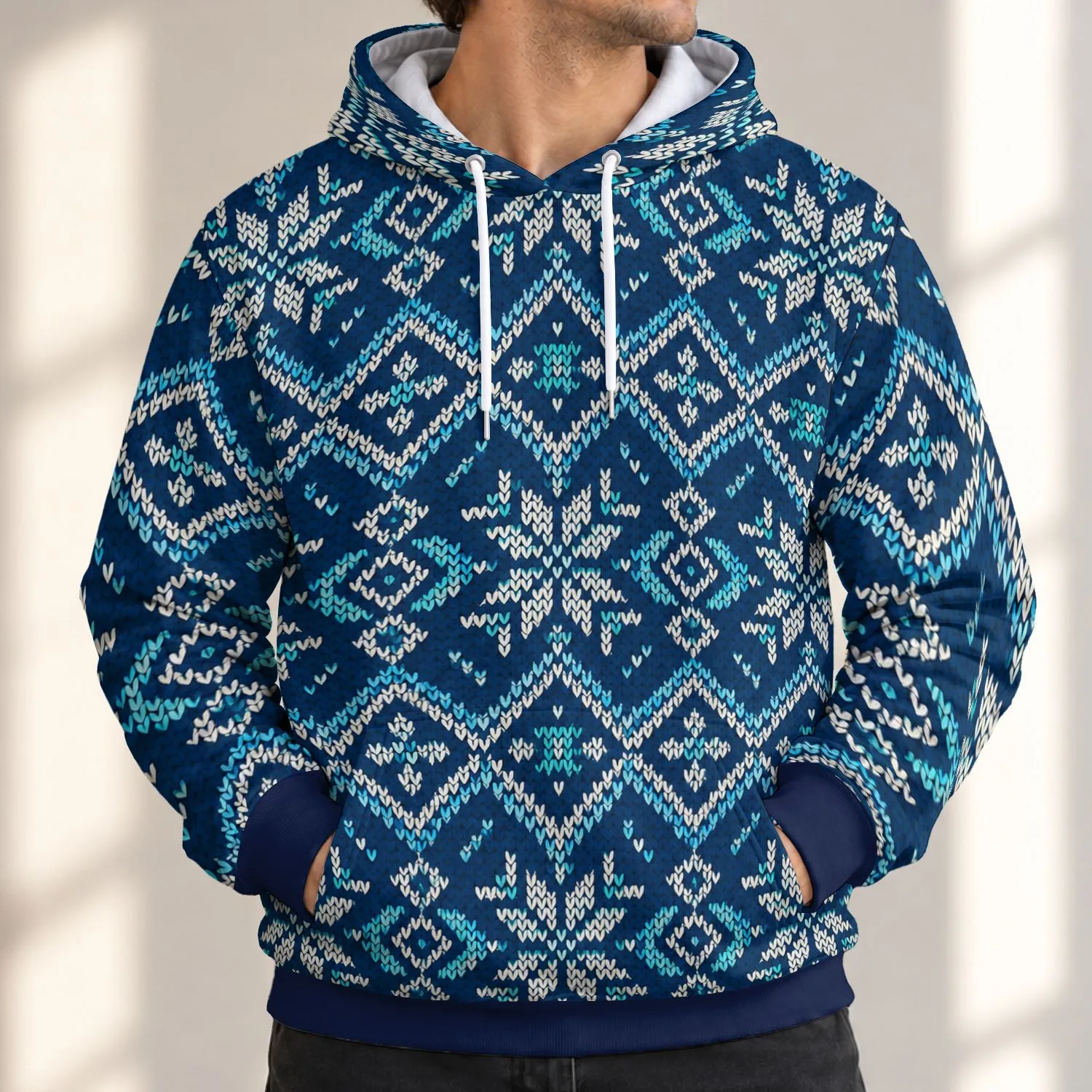Navy Nordic Snowflake Motifs for Cozy Winter Walks, Cabin Days, and Fireside Weekends All-over Print Hoodie (Lightweight) - 1