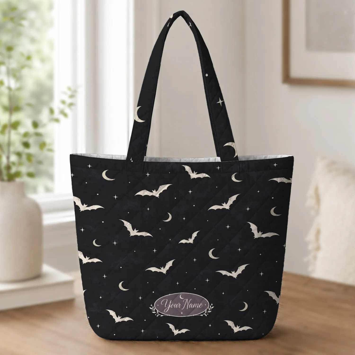 White Bats And Crescent Moons For Halloween Night Out Gifts For Gothic Style Lovers Quilted Tote Bag - 1