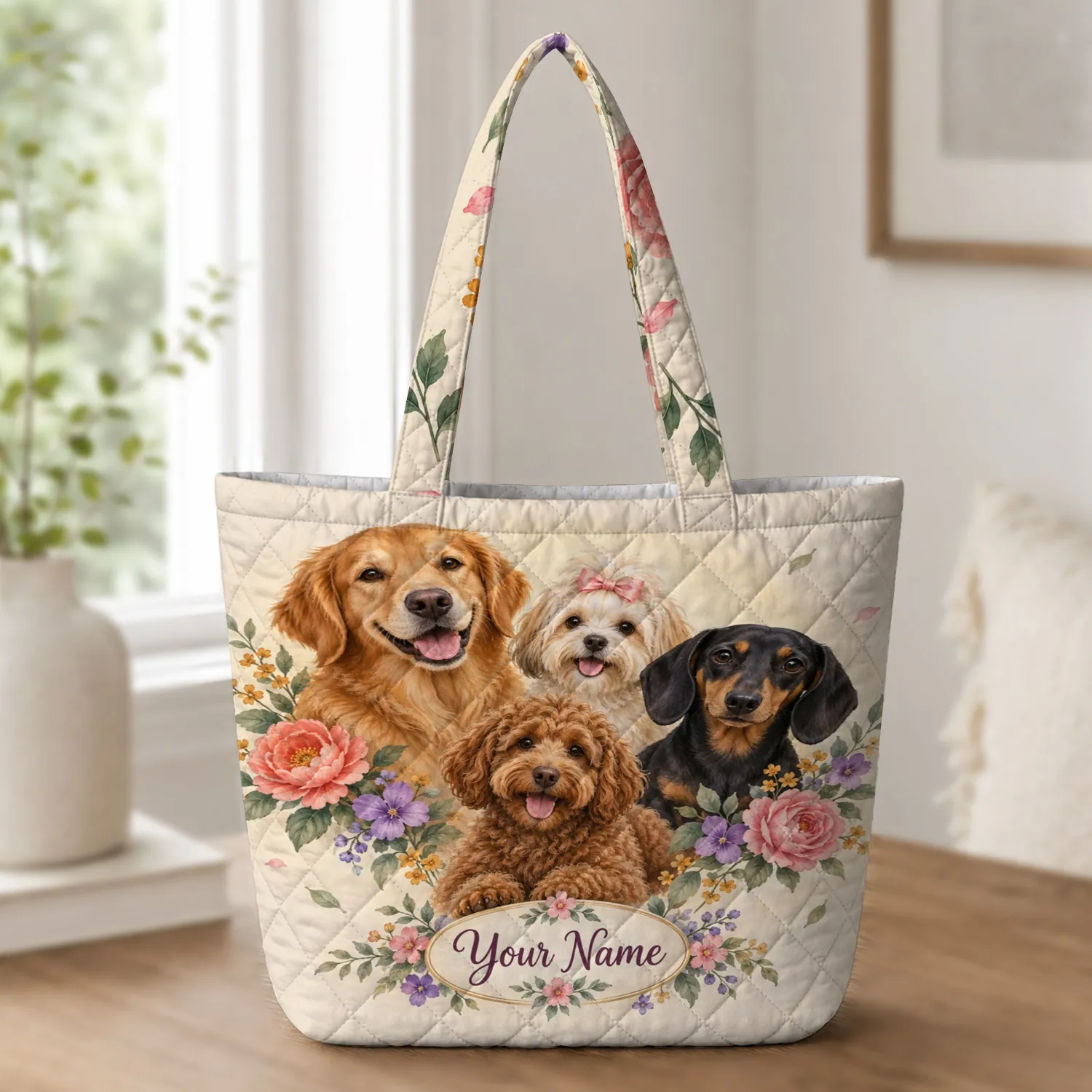 Four distinct dog portraits with scattered colorful garden blooms. Four Beloved Dog Portraits Quilted Tote Bag - 1