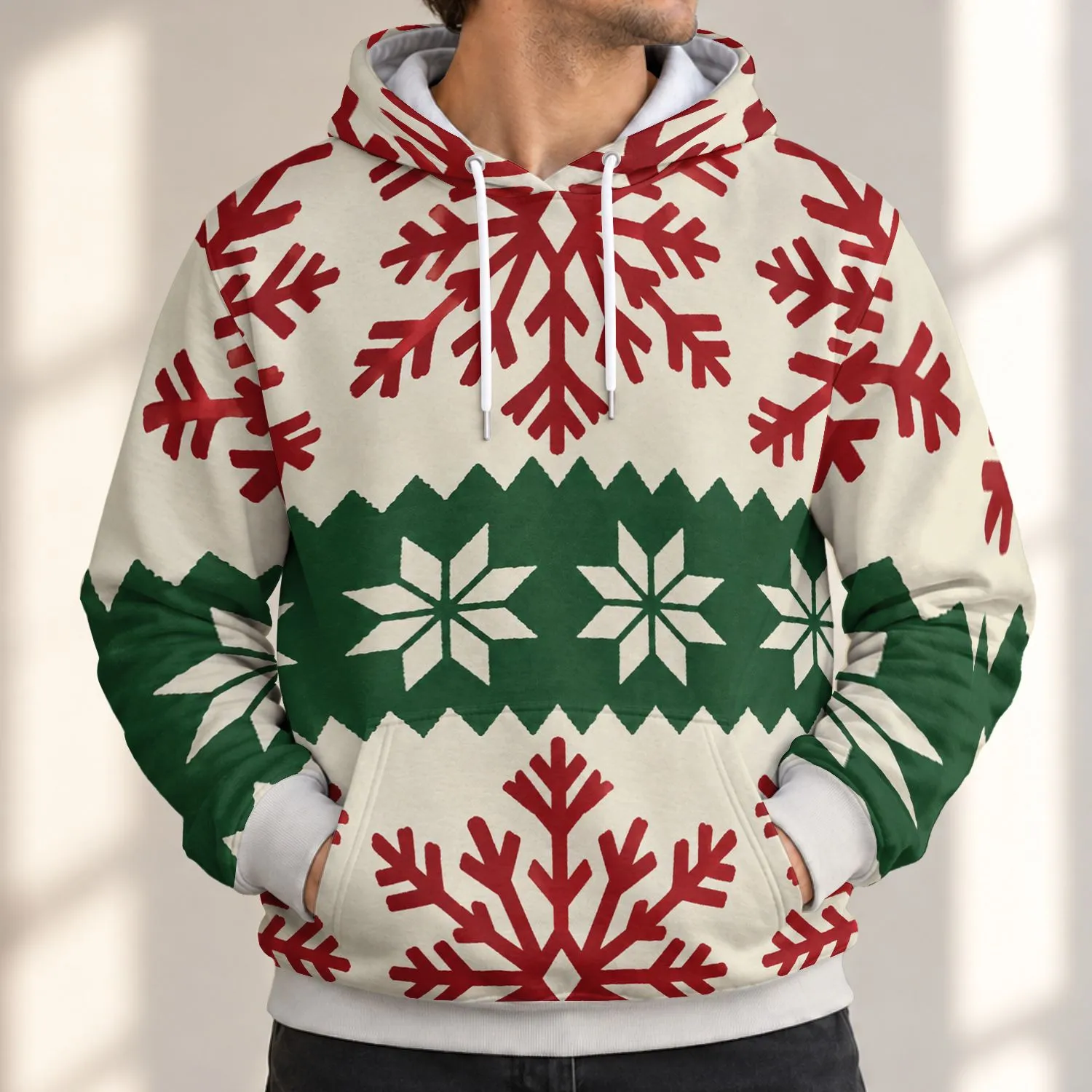 Cream Red Snowflakes And Evergreen Bands For Cozy Winter Holiday Days Outdoors All-over Print Hoodie (Lightweight) - 1