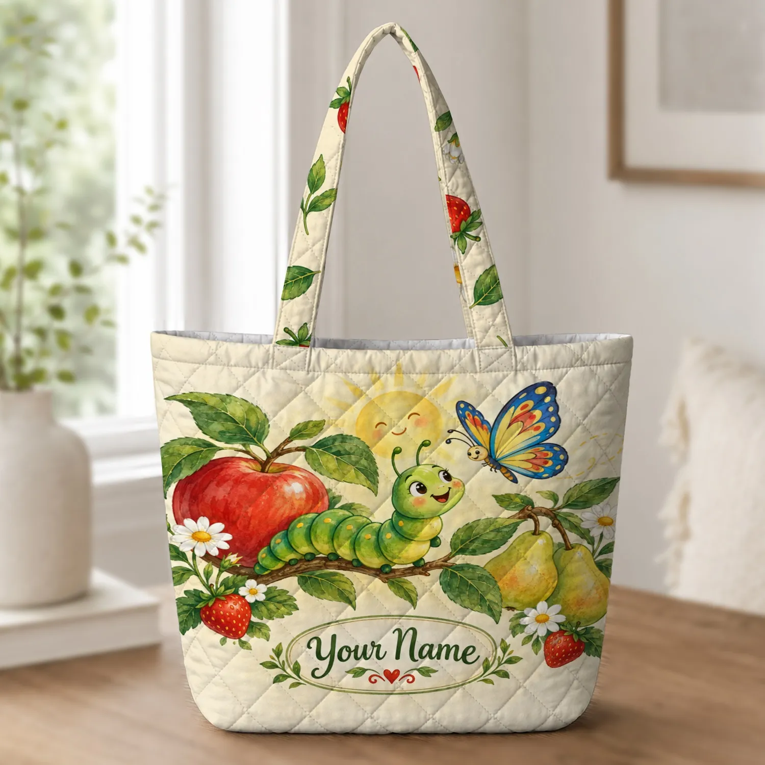 Cheerful Caterpillar, Fruit and Sunshine for Storytime Days and Nature-Loving Teachers Quilted Tote Bag - 1