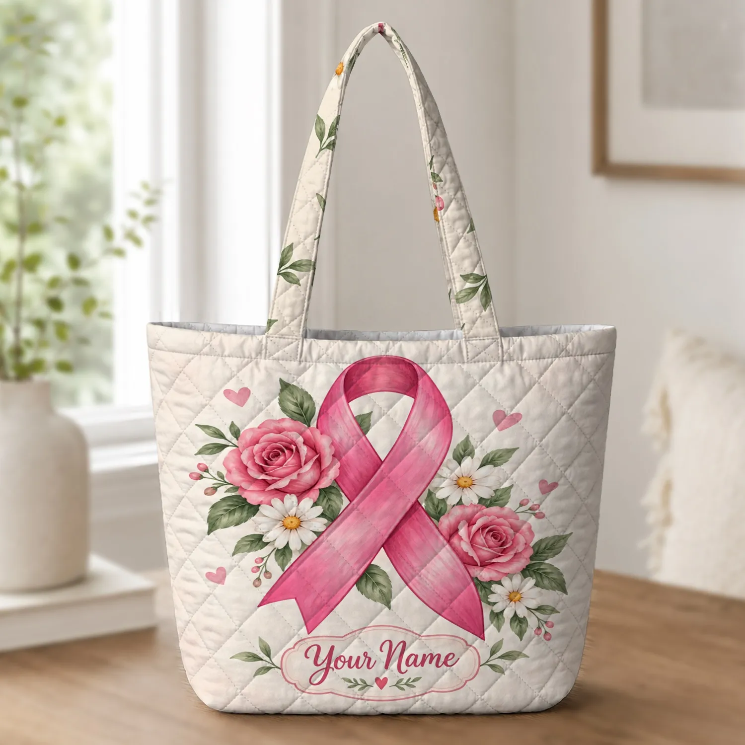 Pink Ribbon Rose and Daisy Art for Breast Cancer Awareness and Warrior Support Quilted Tote Bag - 1