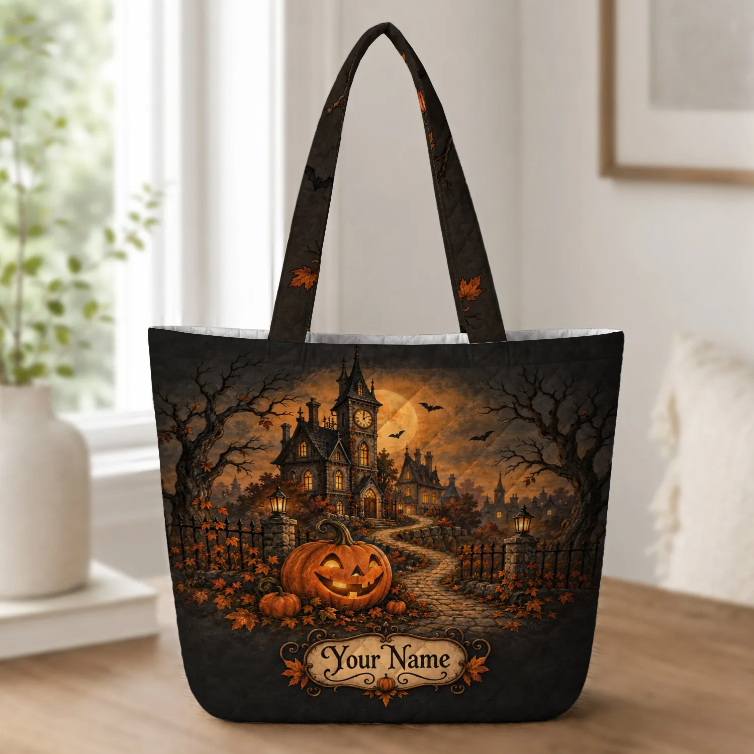 Haunted Town and Jack-O'-Lanterns for Spooky Season Gatherings and Autumn Nights Quilted Tote Bag - 1