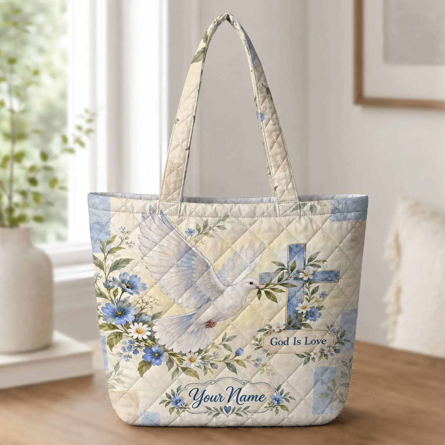 Vintage Blue Floral Dove and Cross for Church Gifts and Everyday Faithful Living Quilted Tote Bag - 1