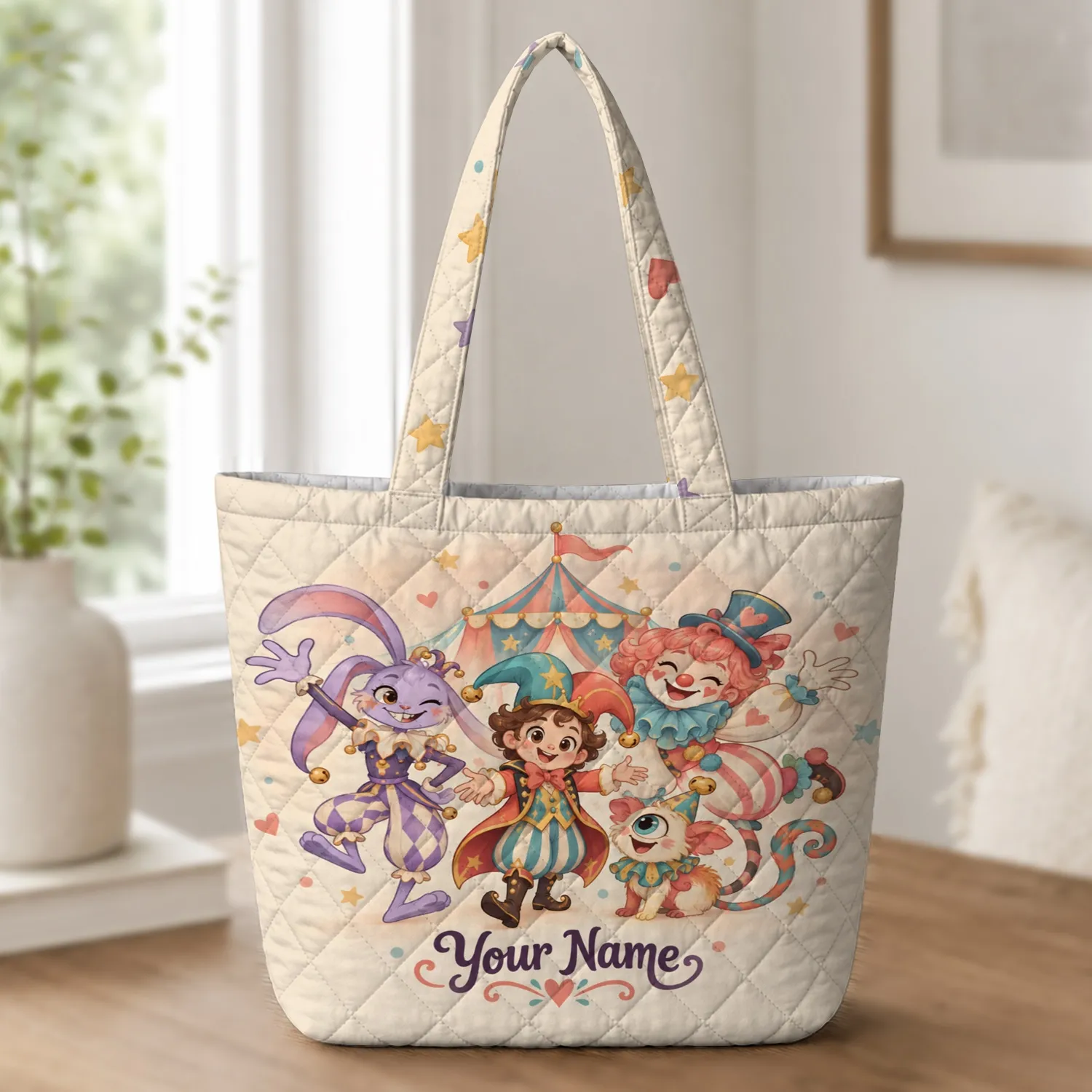 Whimsical Pastel Circus Characters for Birthday Cheer, Travel Days and Everyday Fun Gifts Quilted Tote Bag - 1