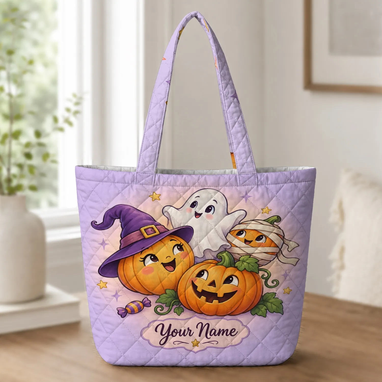 Cute Ghost and Pumpkin Halloween Characters for Spooky Season Gifts and Parties Quilted Tote Bag - 1