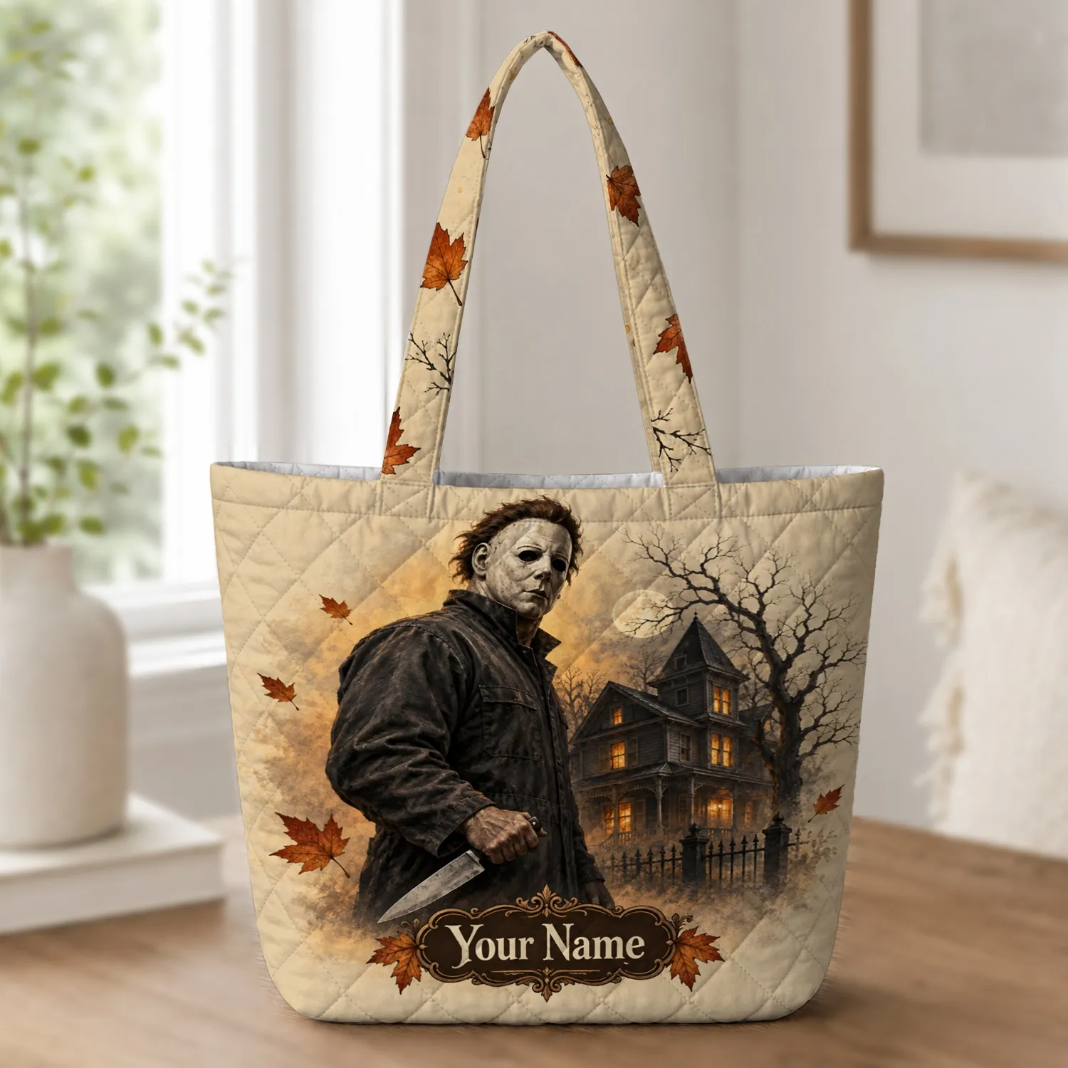Masked Horror Figure and Haunted House for Halloween Night Fans and Collectors Quilted Tote Bag - 1