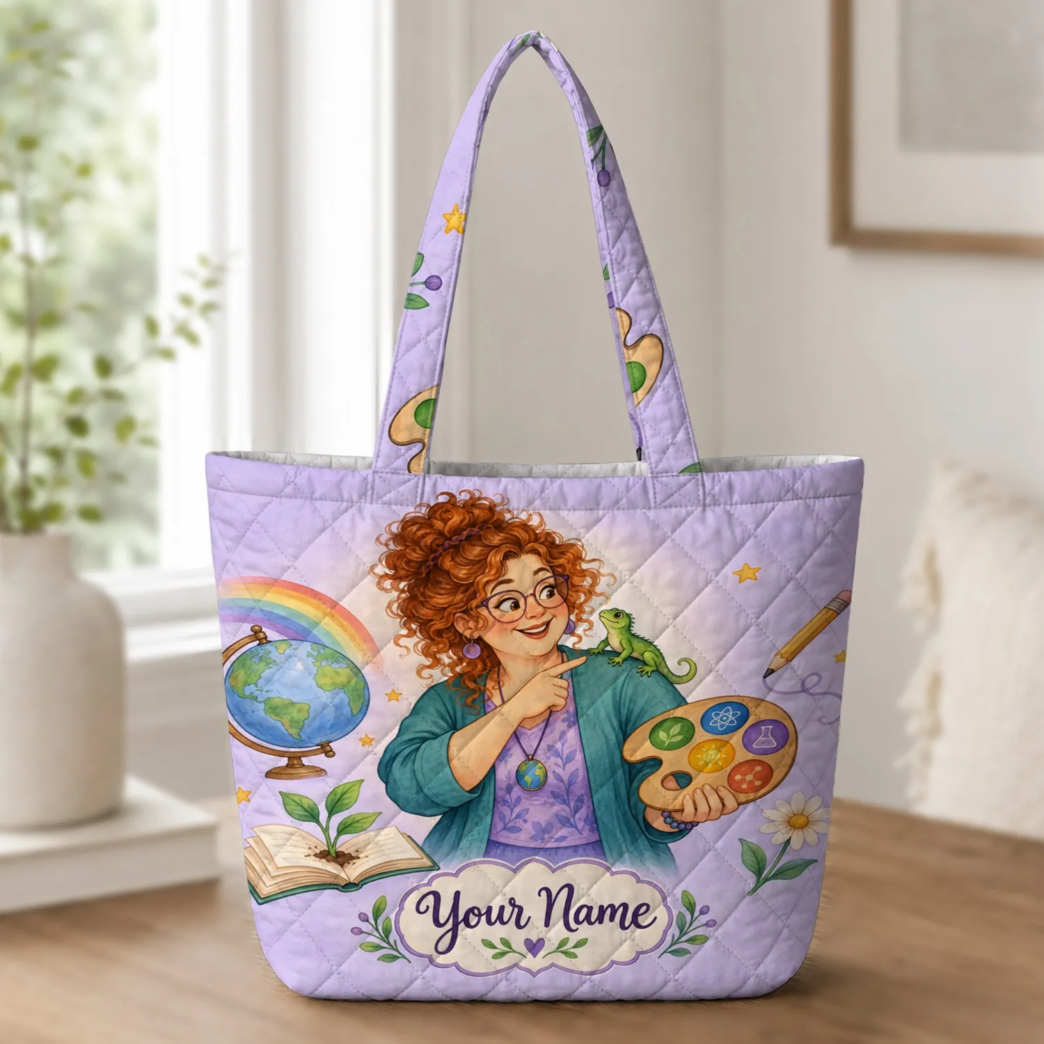 Curly-Haired Science Teacher Classroom Scene for Teacher Appreciation Gifts and Book Lovers Quilted Tote Bag - 1