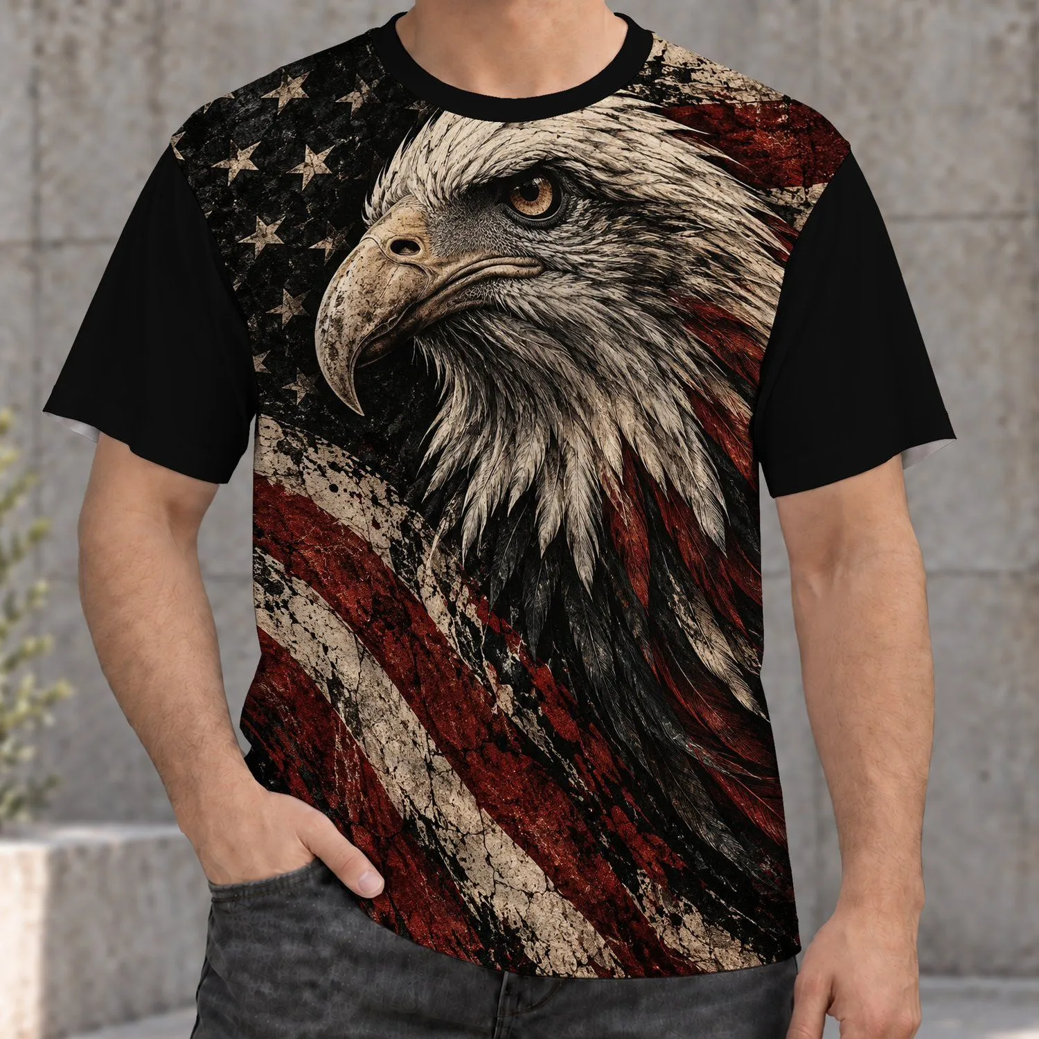 White-Headed Eagle and Slanted Stars for Patriotic Motorcycle Rides All-over Print Unisex T-shirt - 1
