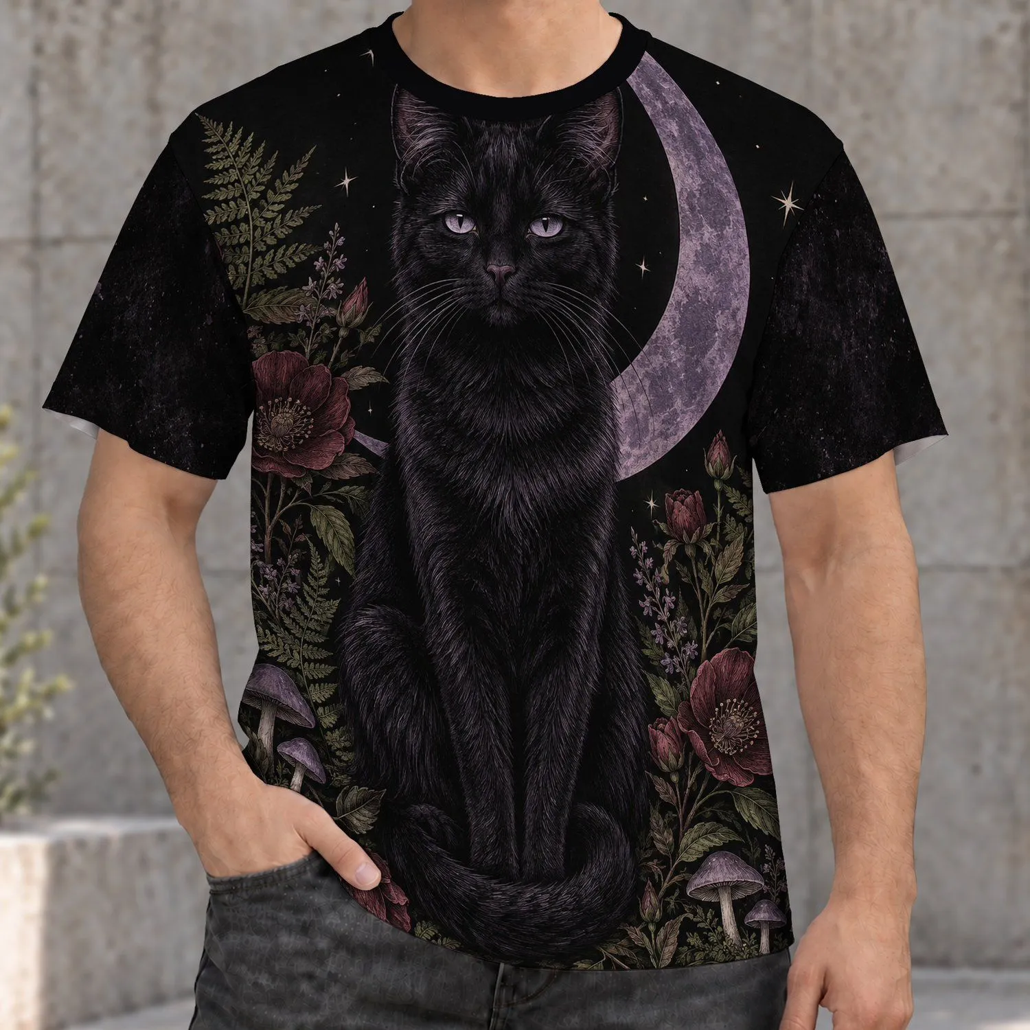Black Cat with Moonlit Flowers for Gothic Nature Lovers, Cat Fans and Dark Floral Style All-over Print Unisex T-shirt - 1