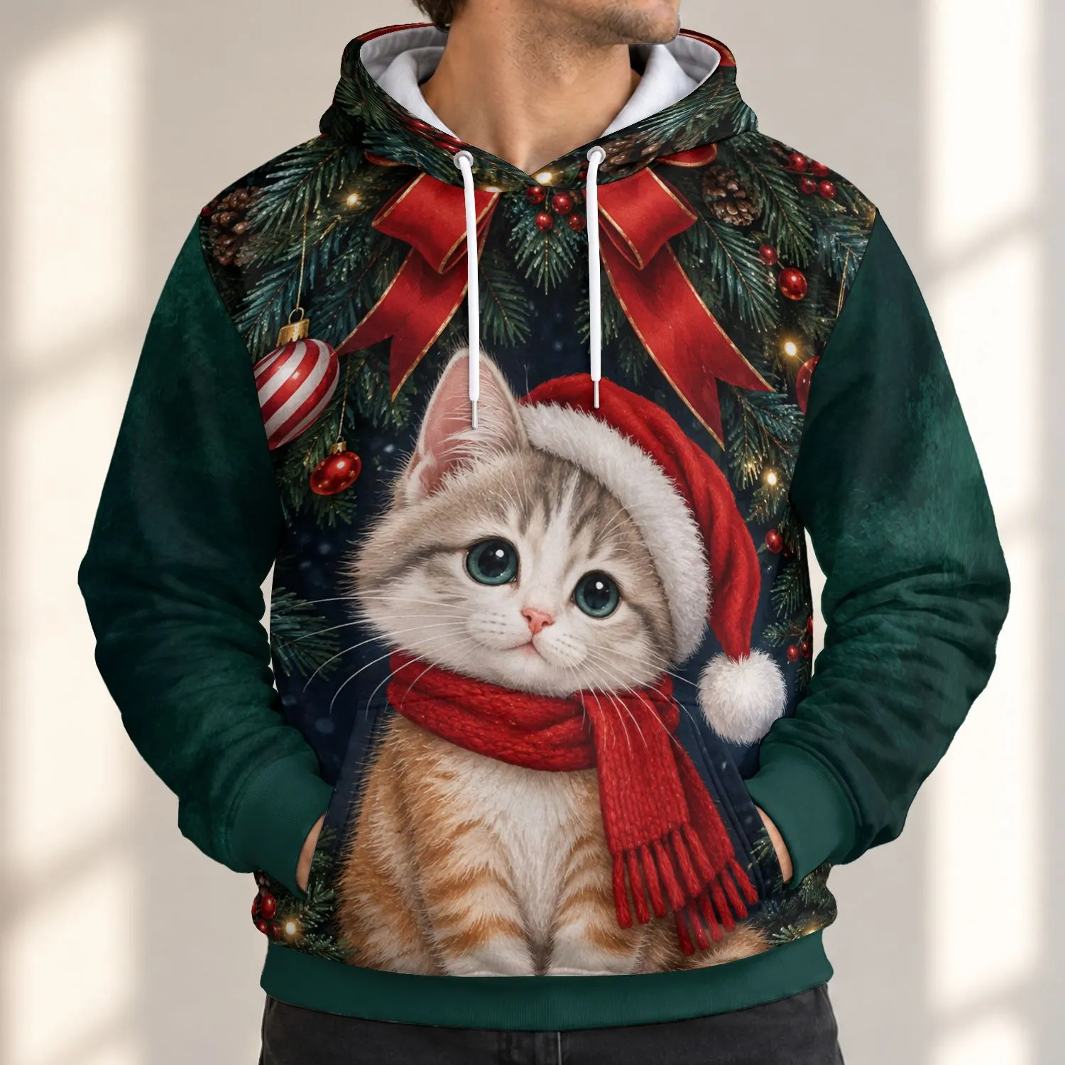 Festive Kitten in Santa Cap with Christmas Tree Cheer for Cozy Winter Celebrations All-over Print Hoodie (Lightweight) - 1