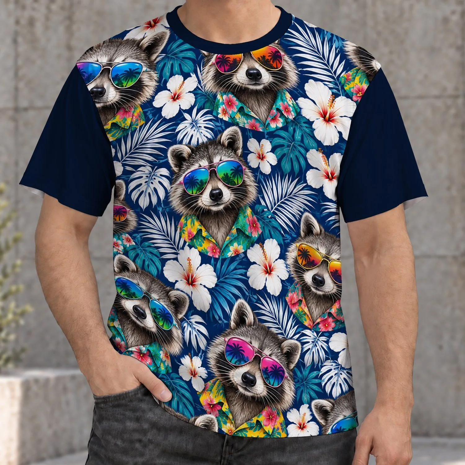 Multicolored Raccoon Faces for Tropical Vacations and Relaxed Beach Getaways for Men All-over Print Unisex T-shirt - 1