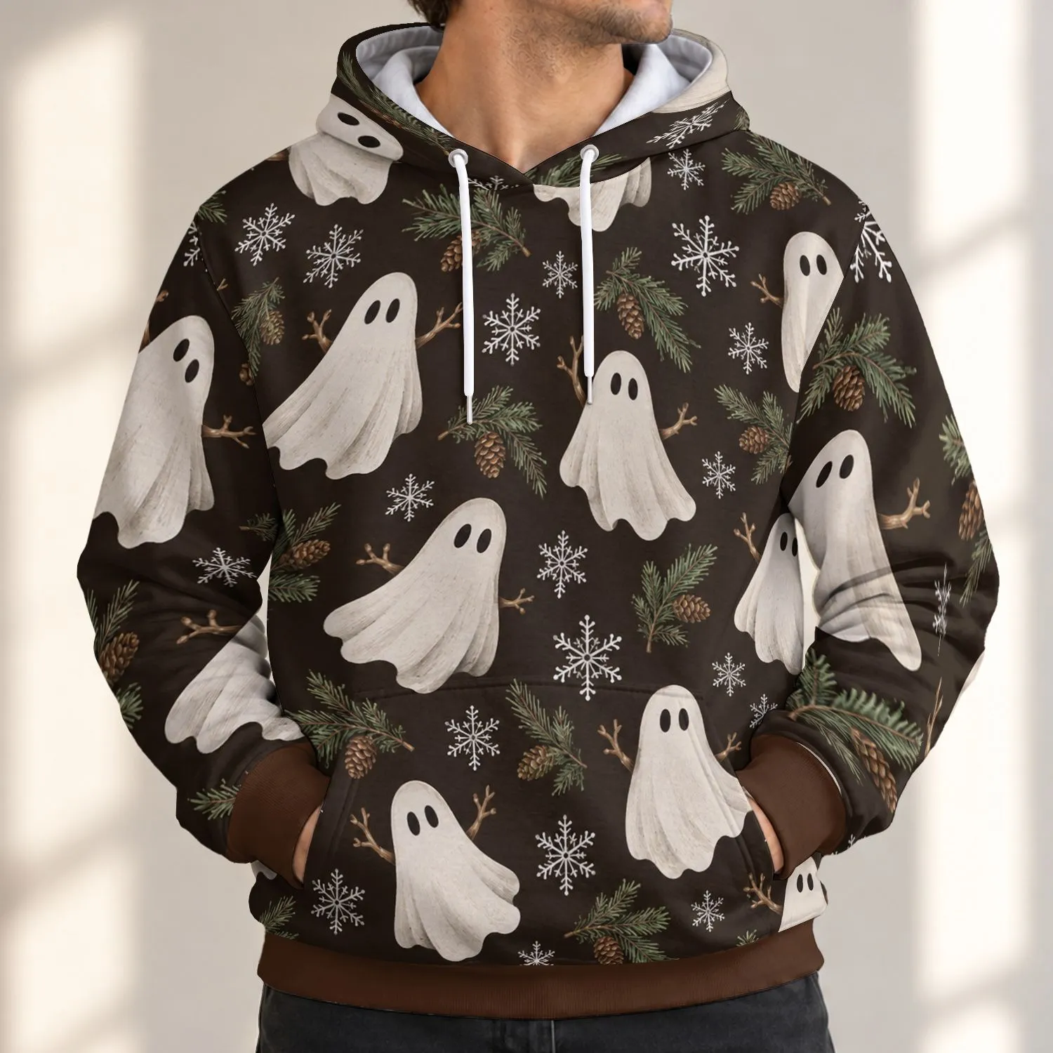Ghosts, Snowflakes and Pine Sprigs for Cozy Christmas Gatherings and Winter Outings All-over Print Hoodie (Lightweight) - 1