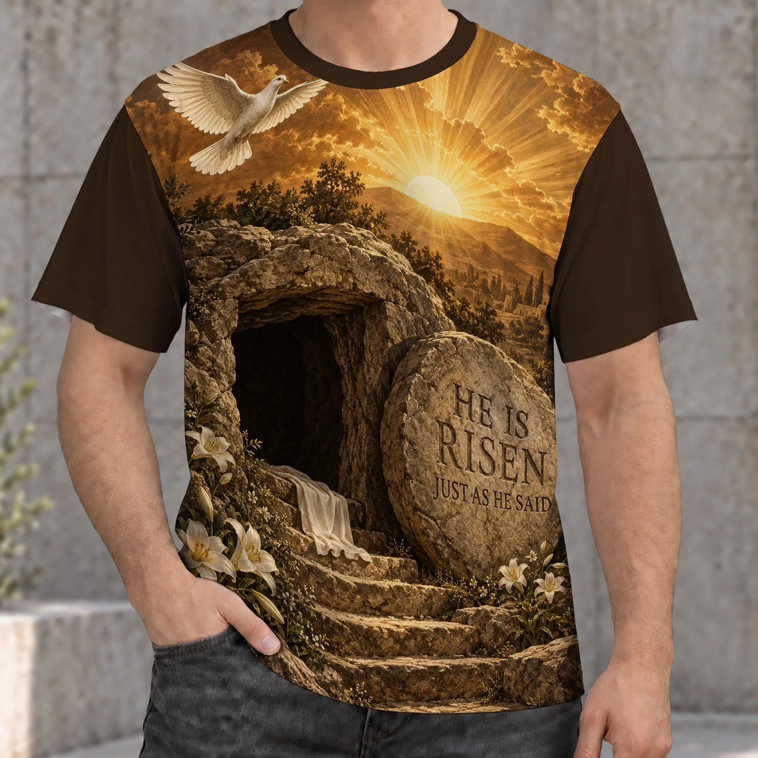 Easter Tomb And White Dove For Church Services And Spring Faith Gatherings All-over Print Unisex T-shirt - 1