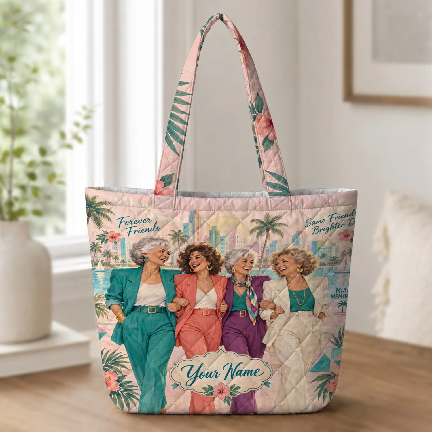Four Mature Friends in Miami Colors for Birthday Getaways and Sunny Travel Days Quilted Tote Bag - 1