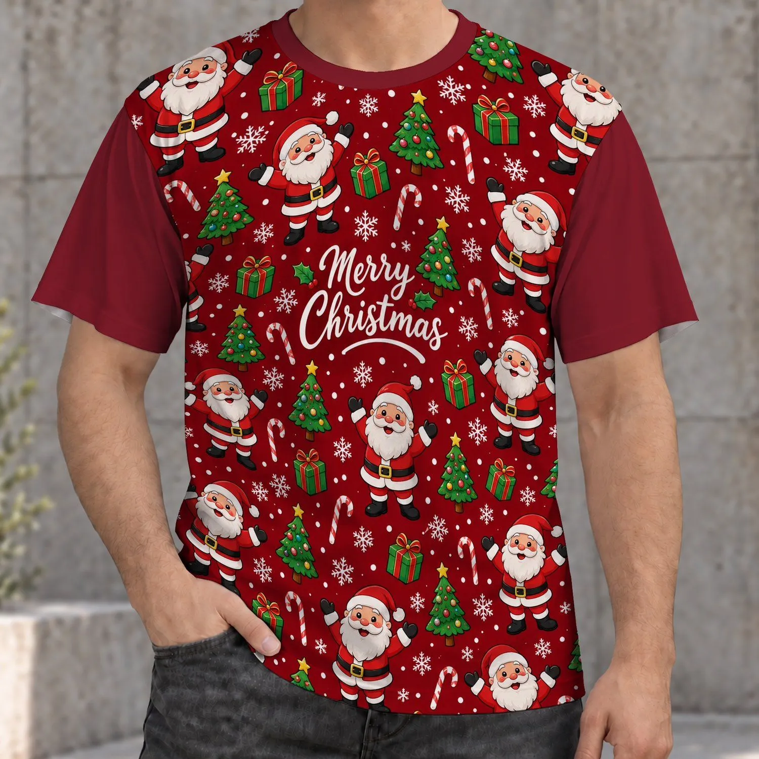 Cheerful Santa, Snowflakes and Christmas Trees for Merry Holiday Celebrations All-over Print Unisex T-shirt - 1
