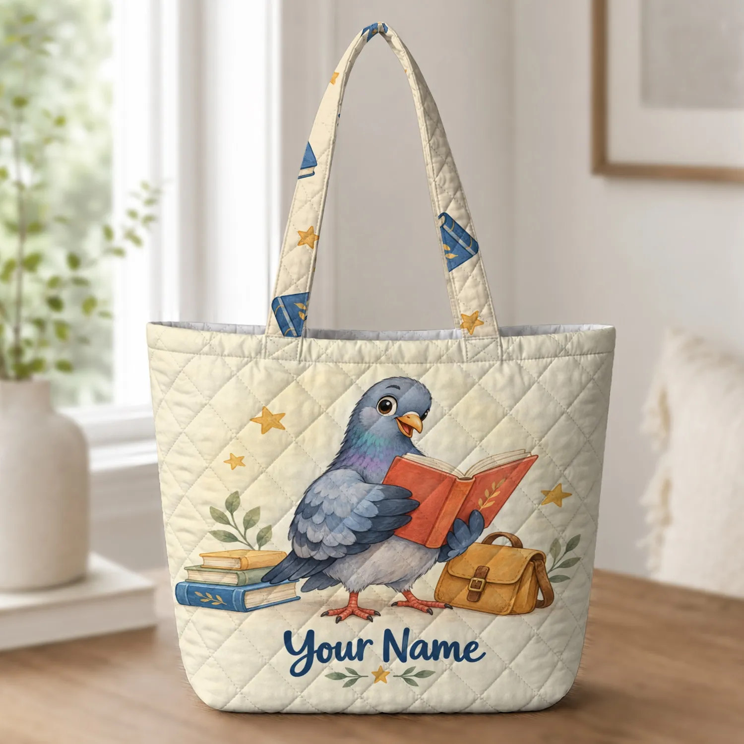 Blue Storybook Pigeon Reading for Kindergarten Teacher Gifts and Classroom Learning Quilted Tote Bag - 1