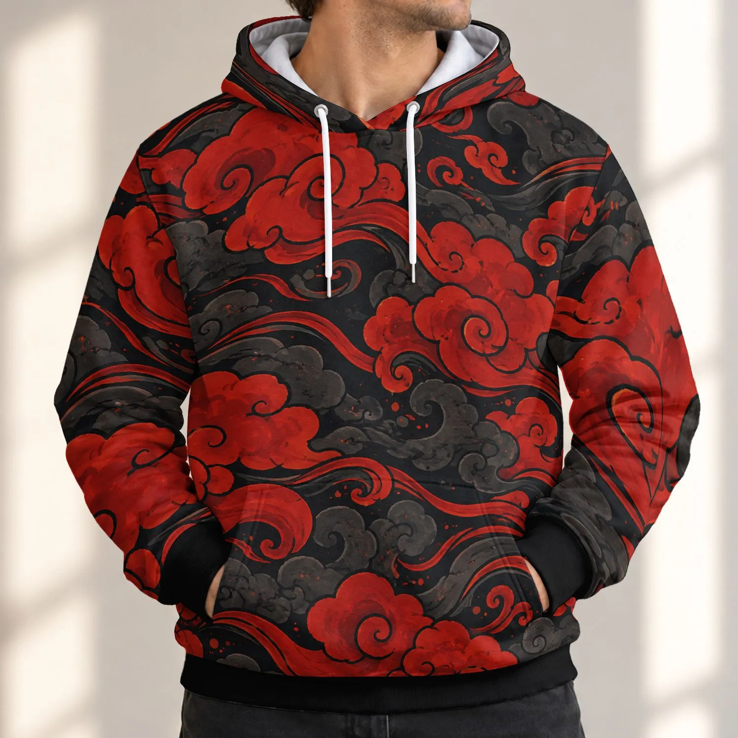 Black And Crimson Swirling Clouds For Bold Everyday Streetwear And Alternative Style All-over Print Hoodie (Lightweight) - 1