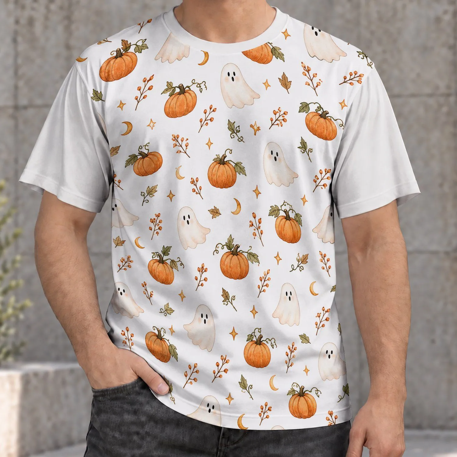Pumpkin Ghosts and Autumn Sprigs for Cozy Halloween Seasonal Style All-over Print Unisex T-shirt - 1