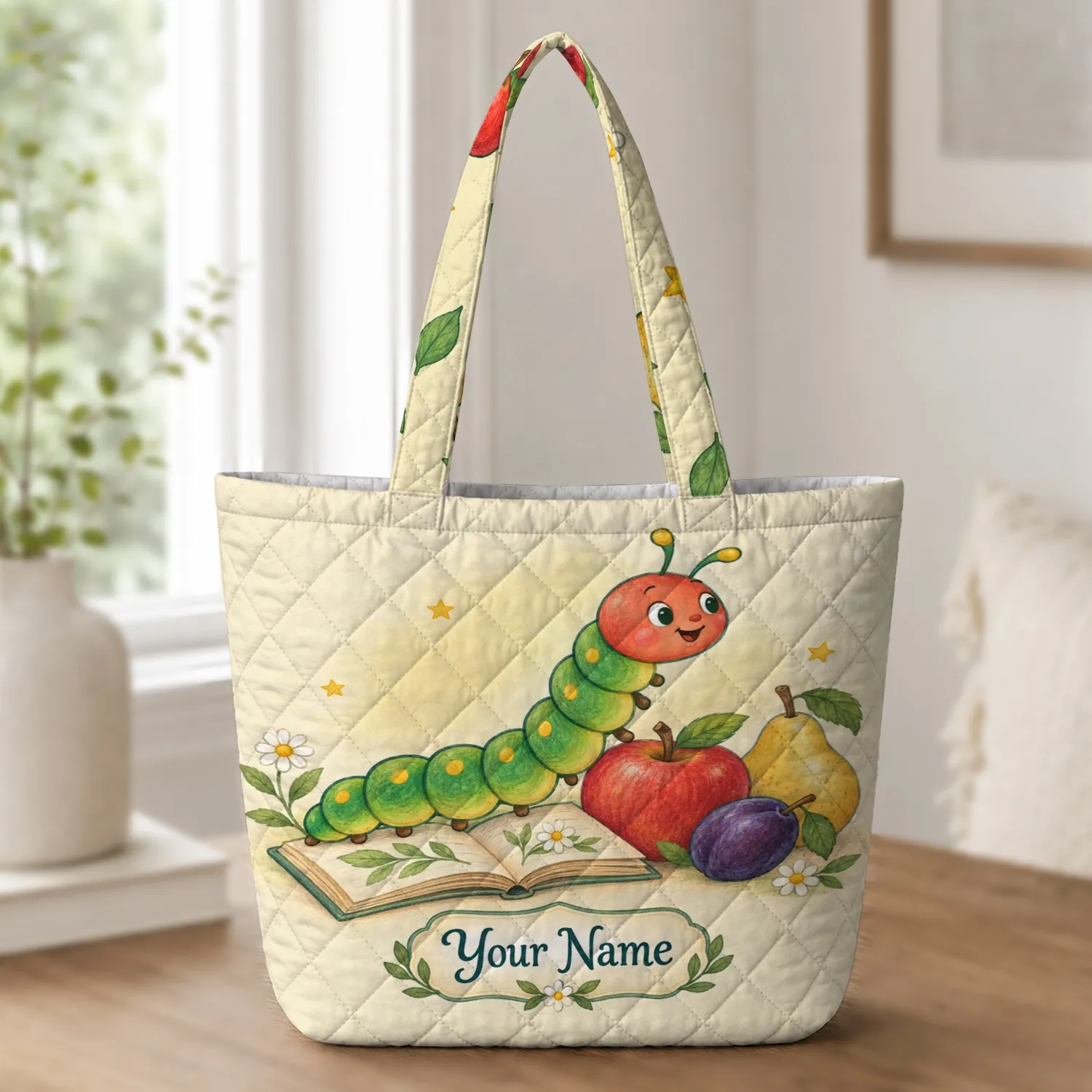 Green Caterpillar Storybook Scene for Reading Days and Gifts for Young Readers Too Quilted Tote Bag - 1