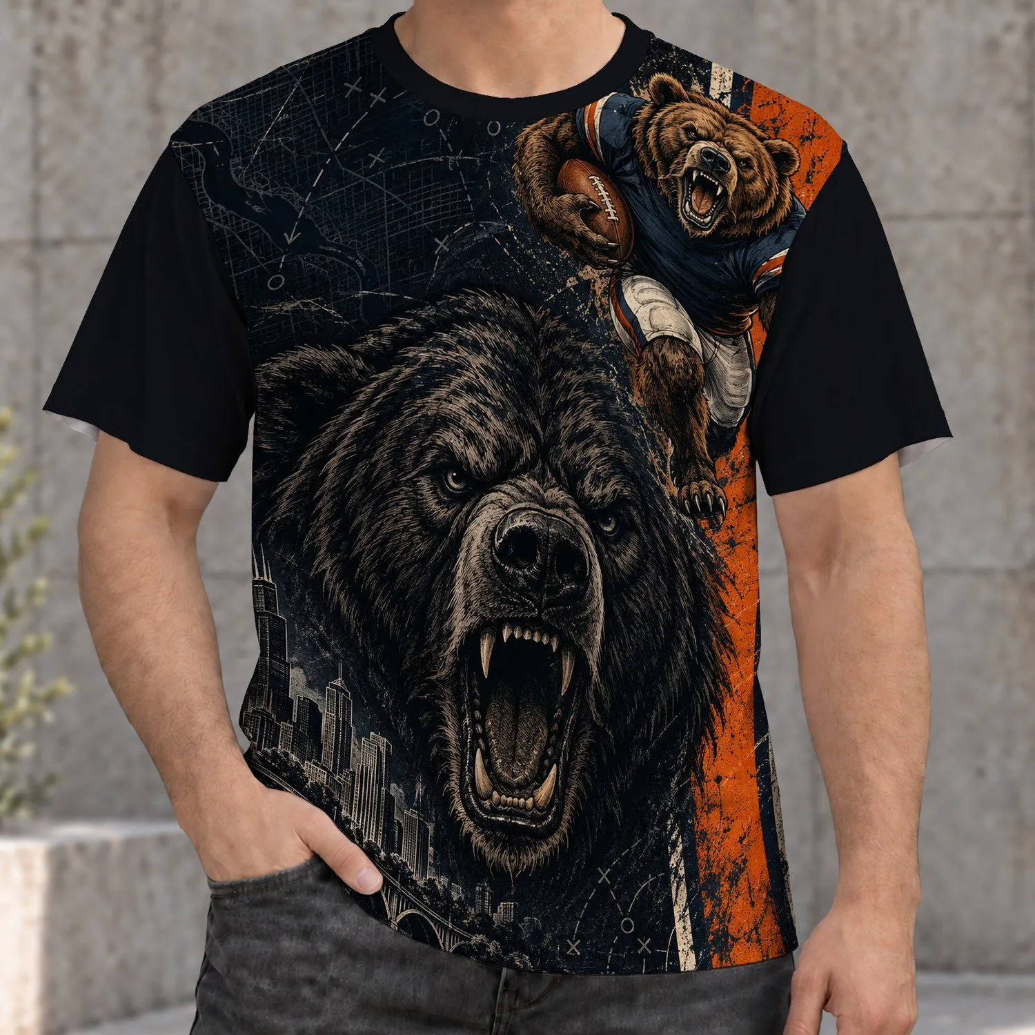 Roaring Bear And Football Cityscape For Game Day And Weekend Sports Fans All-over Print Unisex T-shirt - 1