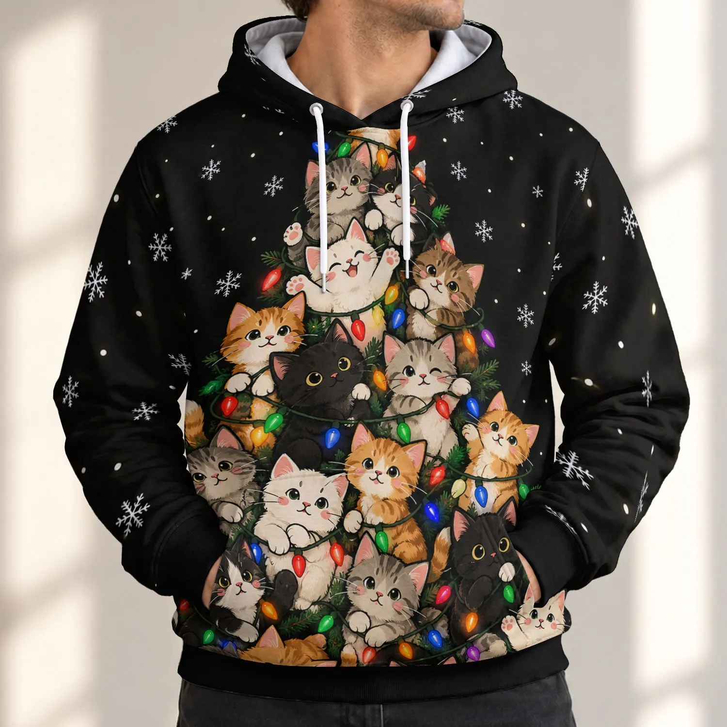 Christmas Kitten Tree Scene for Festive Winter Celebrations and Cozy Cat Lovers All-over Print Hoodie (Lightweight) - 1