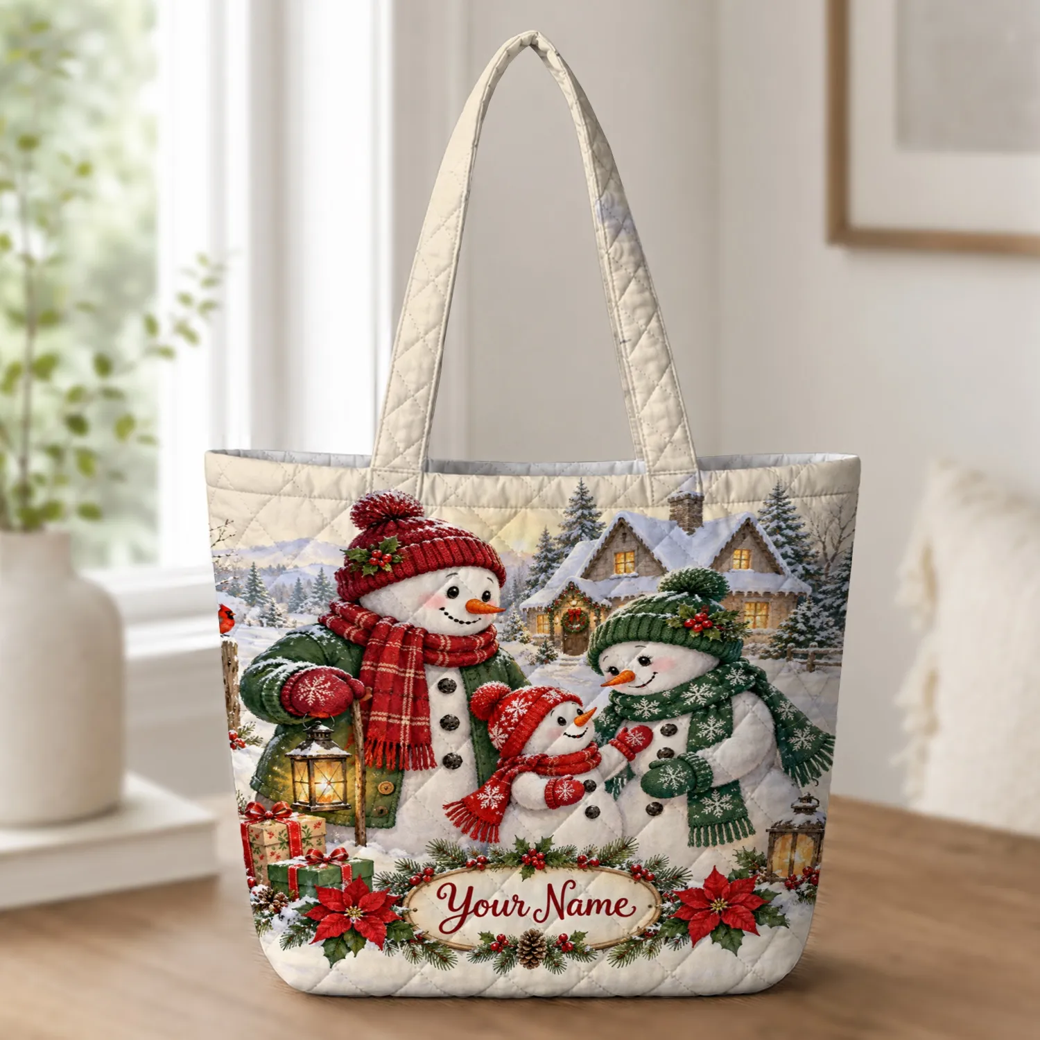 Snowman Family and Christmas Cottage Holiday Cheer for Cozy Winter Gift Giving Season Joy Quilted Tote Bag - 1