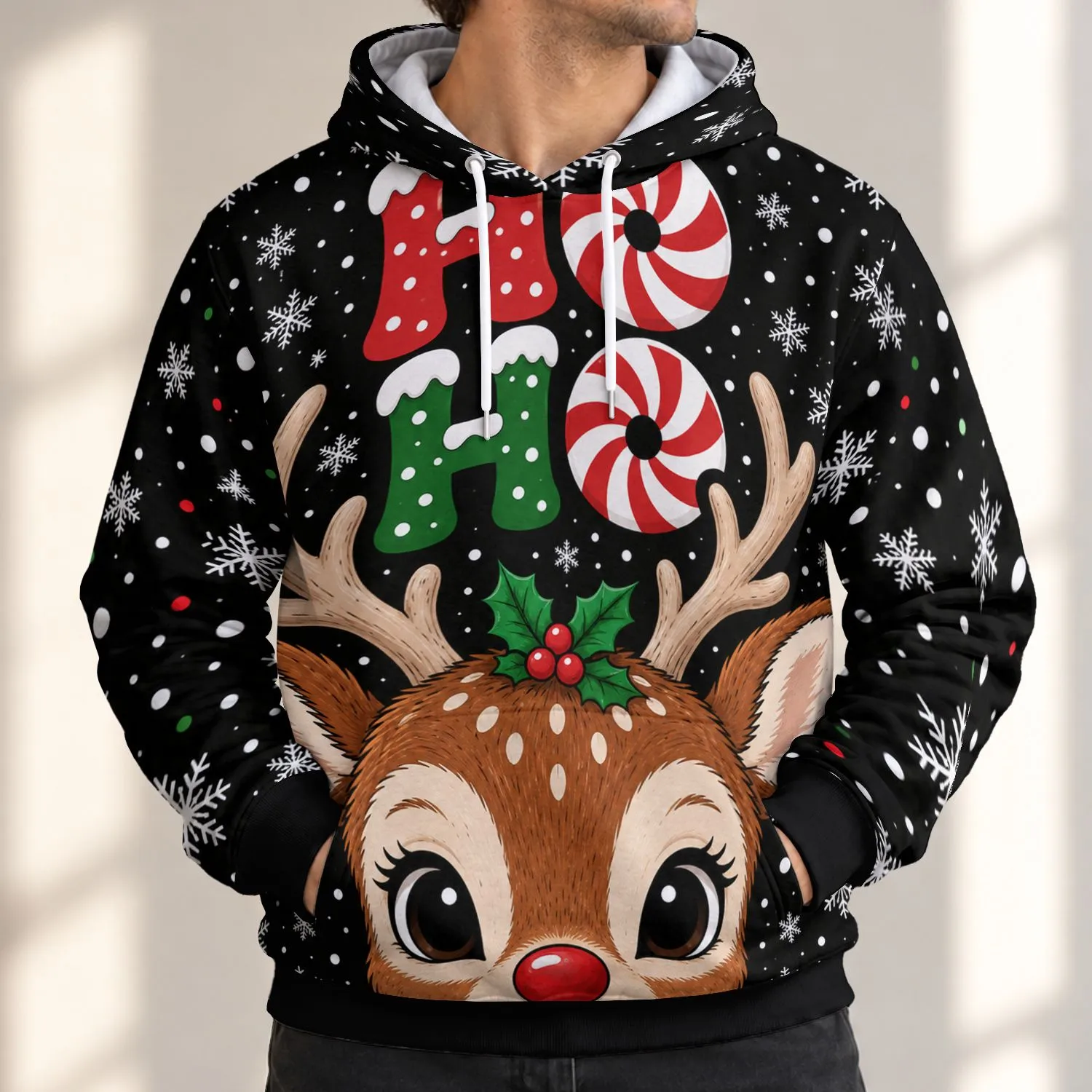Christmas Reindeer and Candy Cane Letters for Festive Winter Celebrations All Season All-over Print Hoodie (Lightweight) - 1