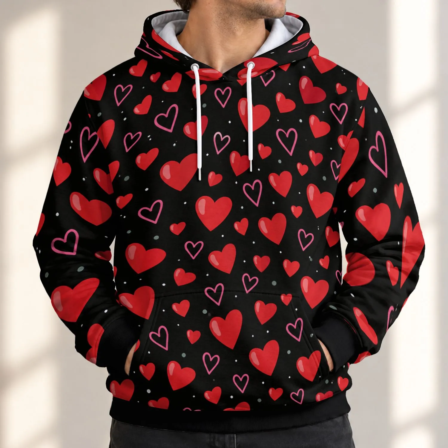 Red Hearts On Black For Valentine Romance And Everyday Love All-over Print Hoodie (Lightweight) - 1
