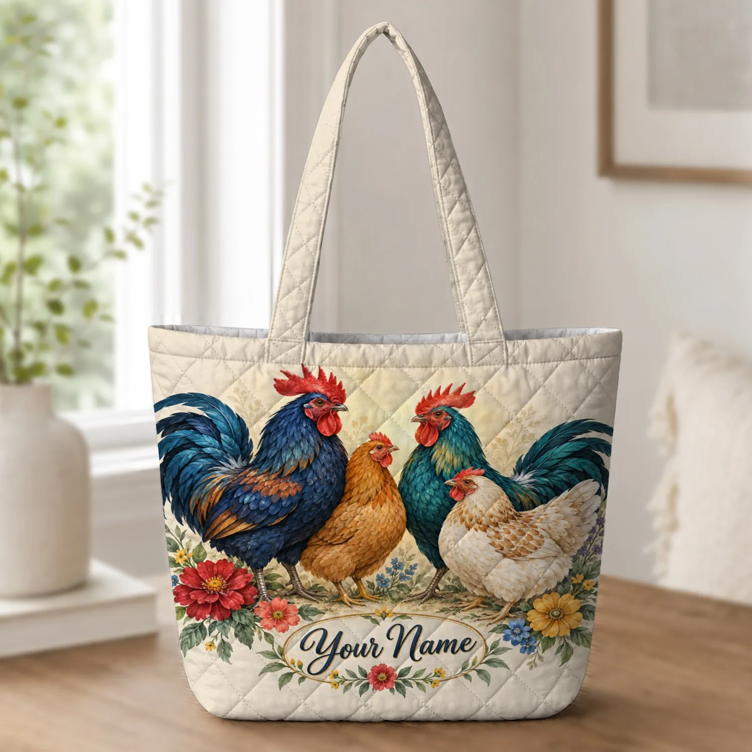 Colorful Chicken Family with Wildflowers for Farmhouse Country Living and Chicken Lovers Quilted Tote Bag - 1