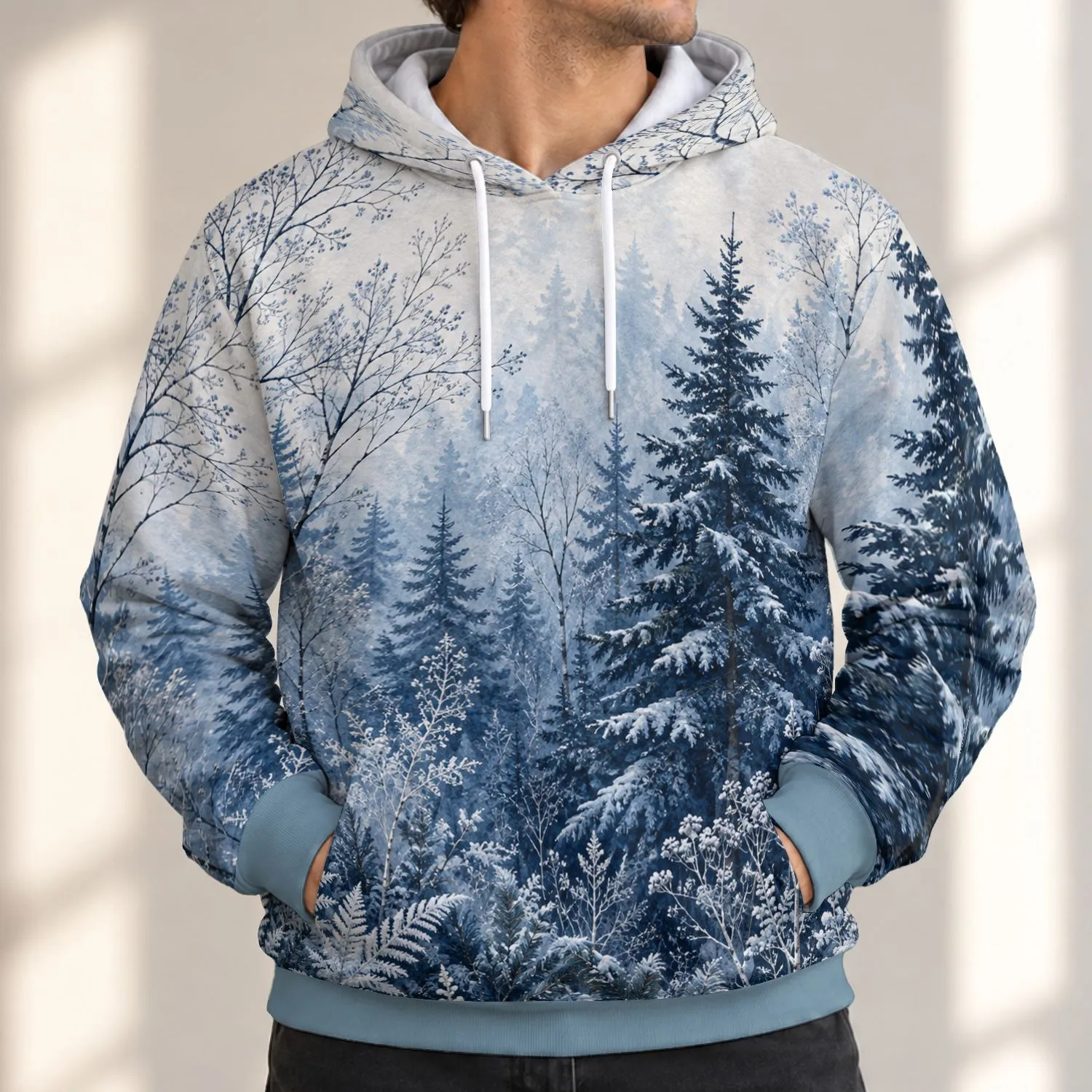 Icy Blue Winter Forest and Snowy Evergreen for Quiet Nature Escapes All-over Print Hoodie (Lightweight) - 1