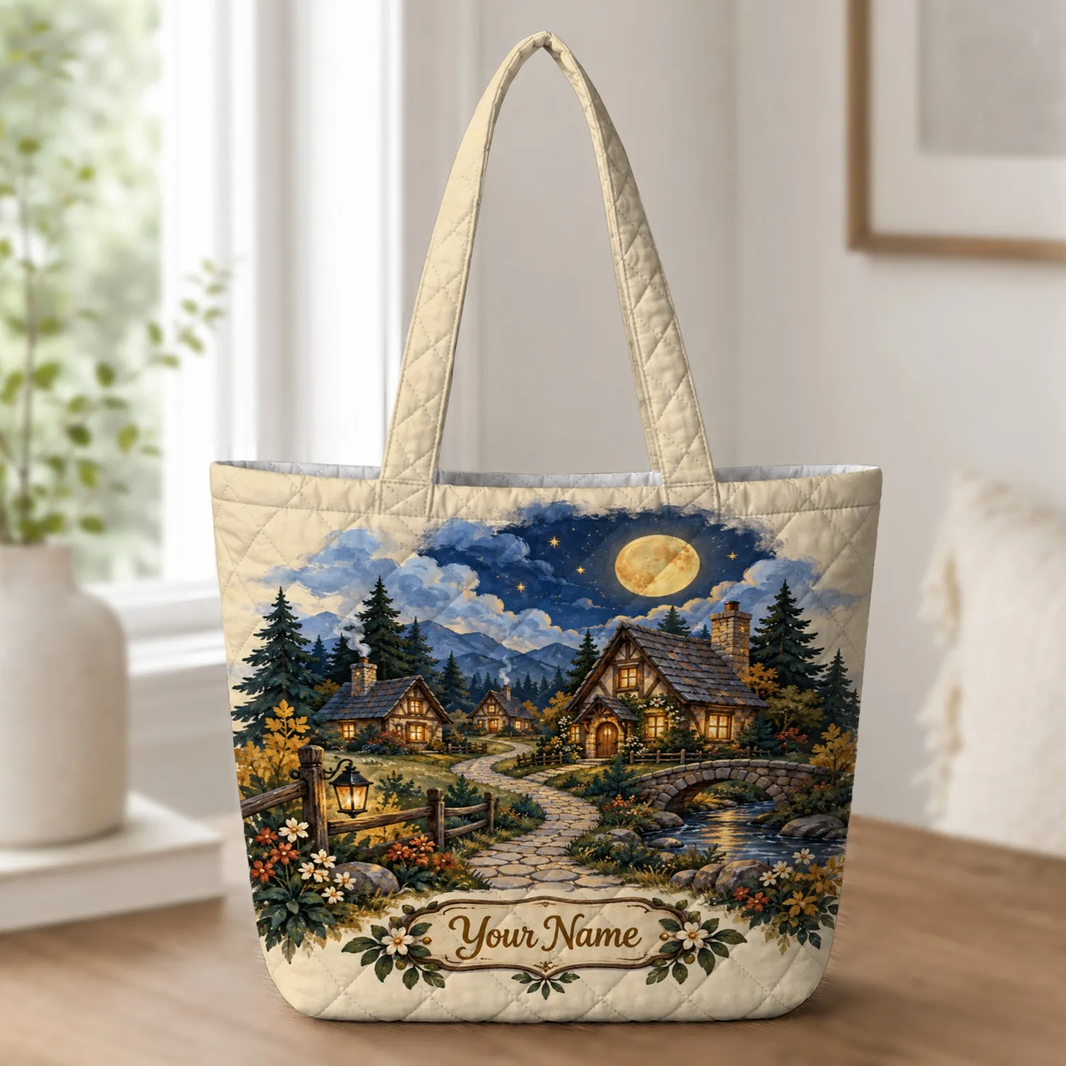 Moonlit Woodland Cottage Village for Cozy Laundry Days and Rustic Home Living Gifts Quilted Tote Bag - 1