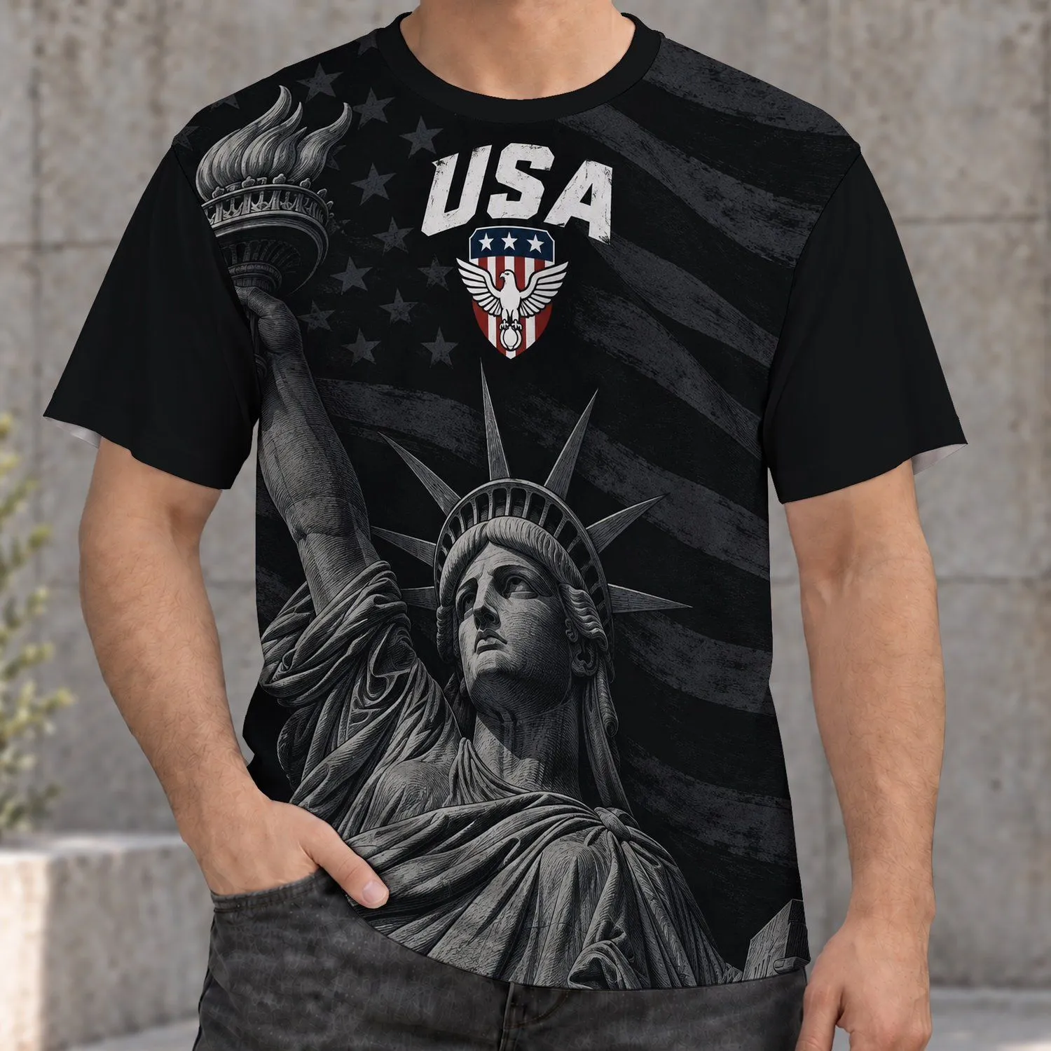 American Flag and Liberty Statue for Independence Day and Everyday Patriotic Pride All-over Print Unisex T-shirt - 1
